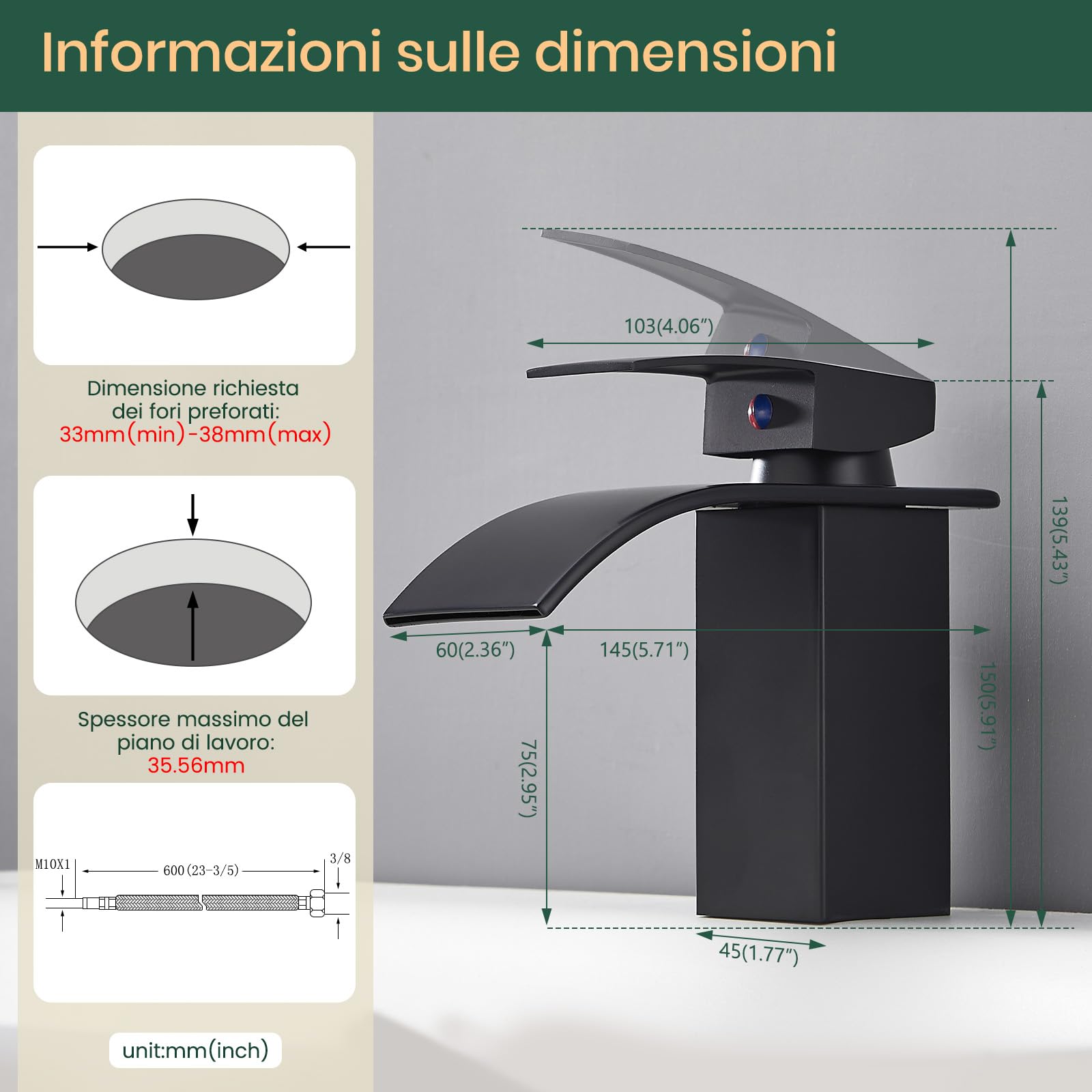 Rubinetto per Bagno con Set di Scarico, Miscelatore a Cascata per Lavabo, Monocomando per Bagno con Tubo di Collegamento G3/8 per WC degli Ospiti (Altezza di Scolo 80mm, cromato)