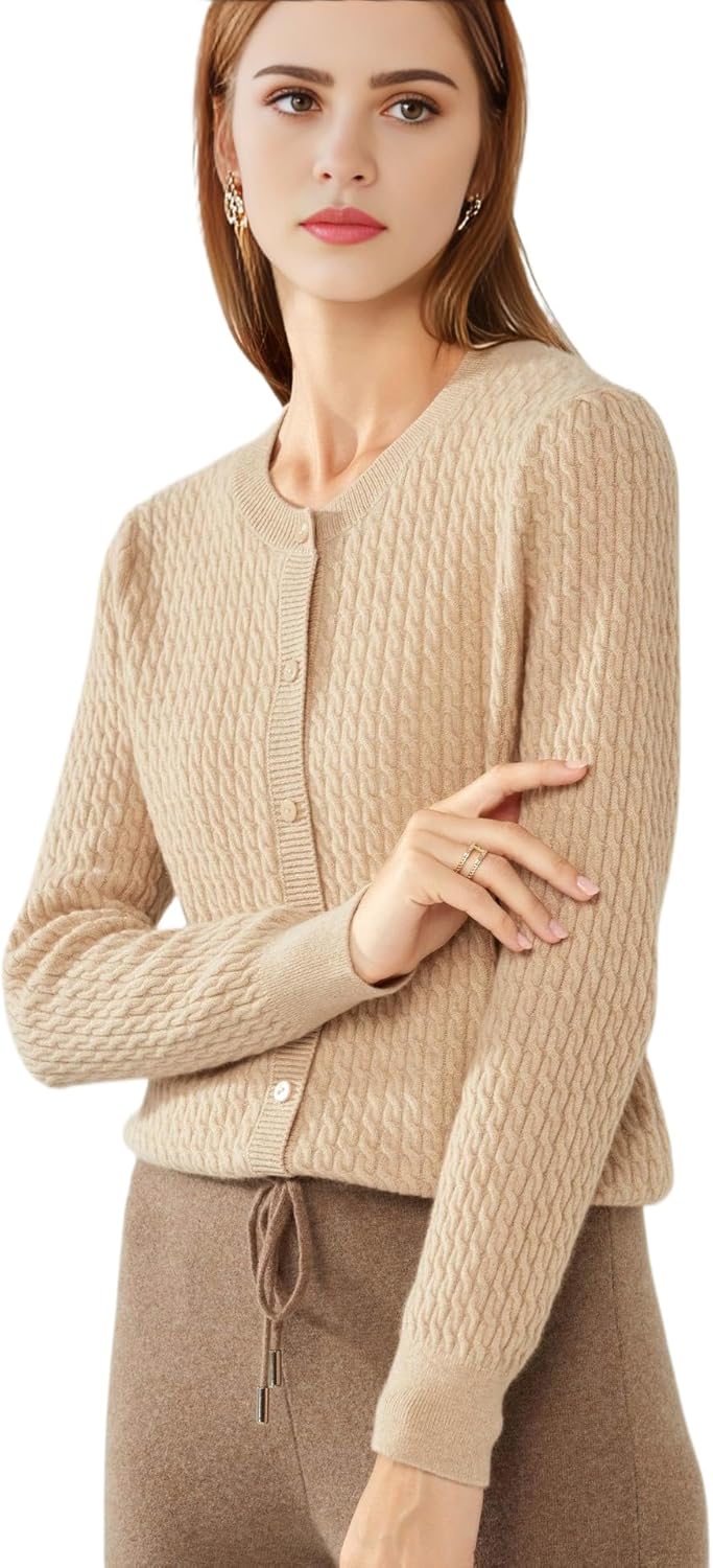 100% Cashmere Women's Cable Knit Cardigan Sweaters for Women Long Sleeve Crew Neck Warm Button Down - Image 5