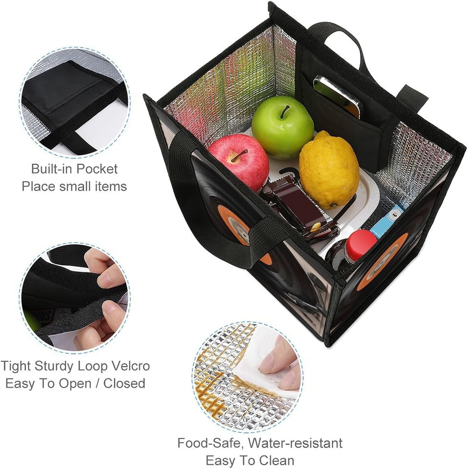 Reusable Insulated Lunch Bag Box 9L Leakproof Vintage Vinyl Record Cooler Bag with Interior Pockets for Women Men Portable Snack Bags Insulated Lunch Tote Bags for Work Picnic Camping image 3