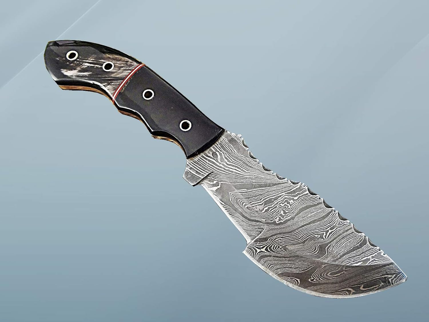 10" Long Damascus steel tracker knife hand forged twist pattern full tang, 2 tone bull horn with holes scale, Cow hide leather sheath