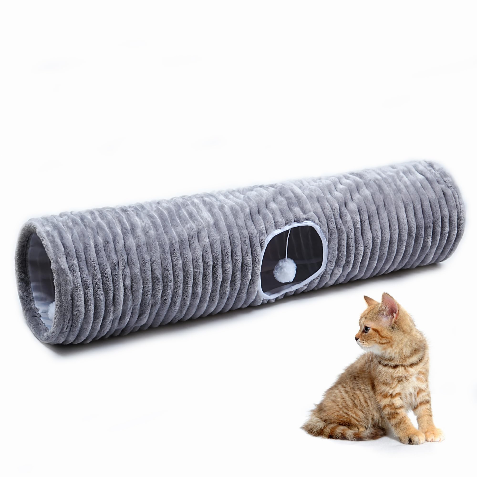FORMYCATIE Luxurious Cat Tunnel,43" Straight Cat Tunnel Bed with Balls,Cat Toys for Indoor Cats,Collapsible Peekaboo Cat Cave for Kitten Toys (Gray Stripe)