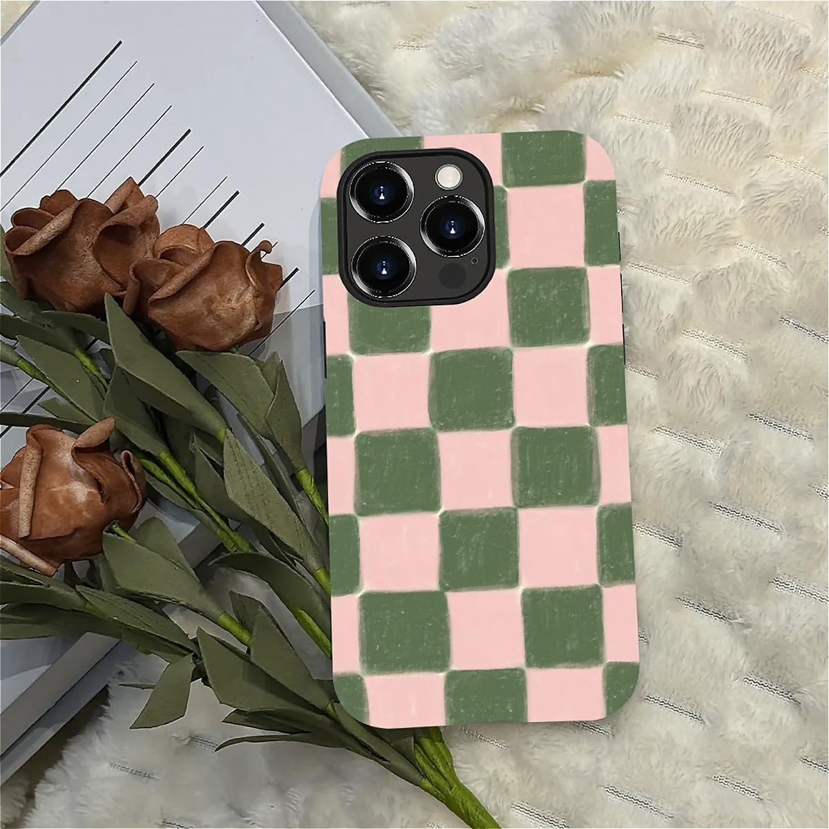 Case Compatible with iPhone 15 Pro,Pink and Green Checkered Design Phone Case, Matte Mixed Double-Layer Hard Shell+Soft Silicone TPU Shock Protective - Image 5