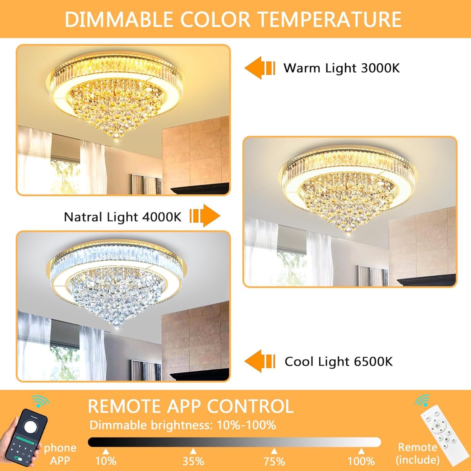32" Modern Crystal Dimmable Chandeliers for Living Room LED Chandeliers Flush Mount Ceiling Light Fixture Dining Room Bedrooms Gold