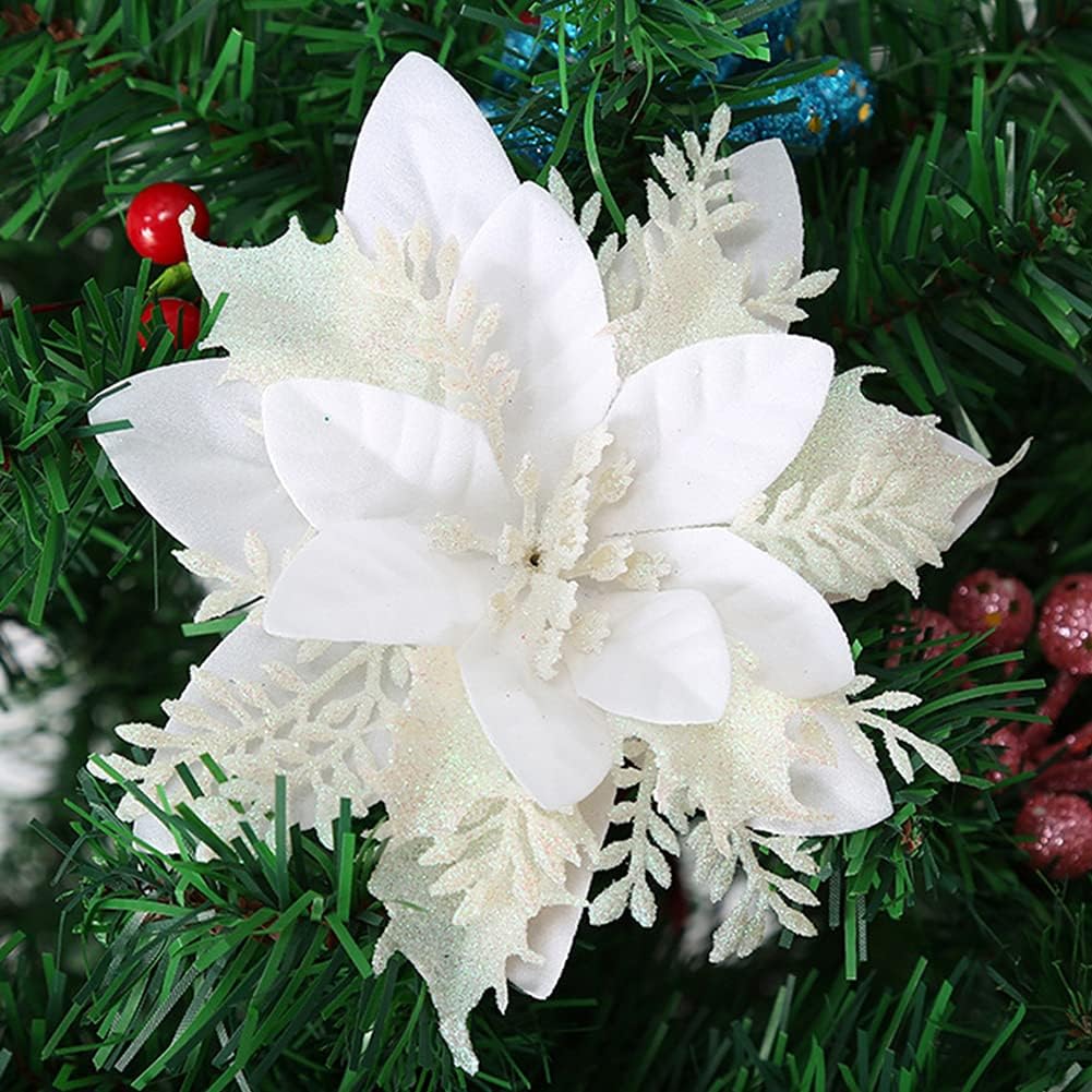 GL-Turelfies 12 Pcs Glitter Christmas Flowers(15cm/5.9’’) with 12 Pcs ...