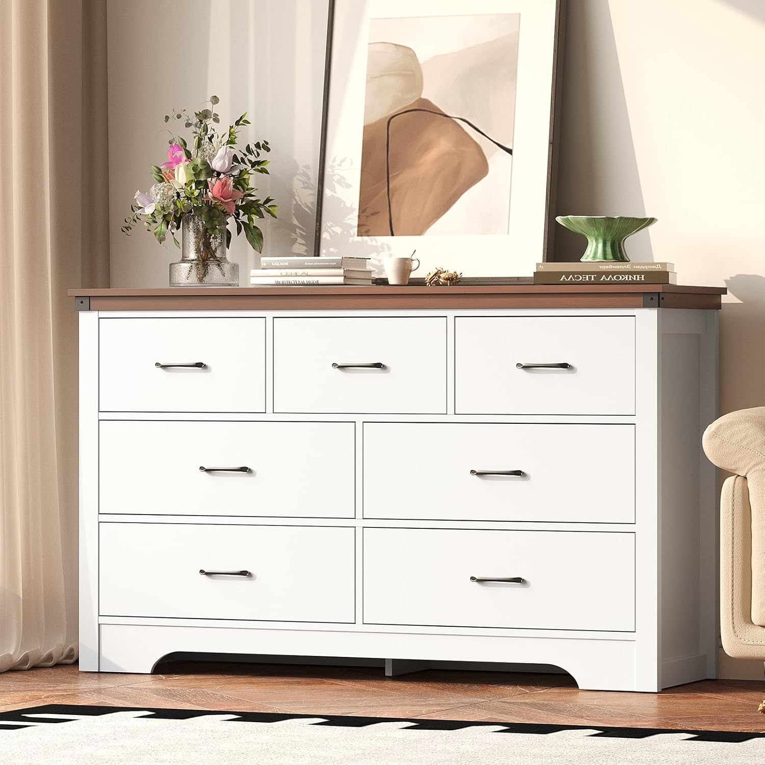 Farmhouse 7 Drawer Dresser for Bedroom, 51" Wide Chest of Drawers, Wooden Dresser TV Stand, Storage Dressers Organizer for Bedroom, Living Room, Hallway