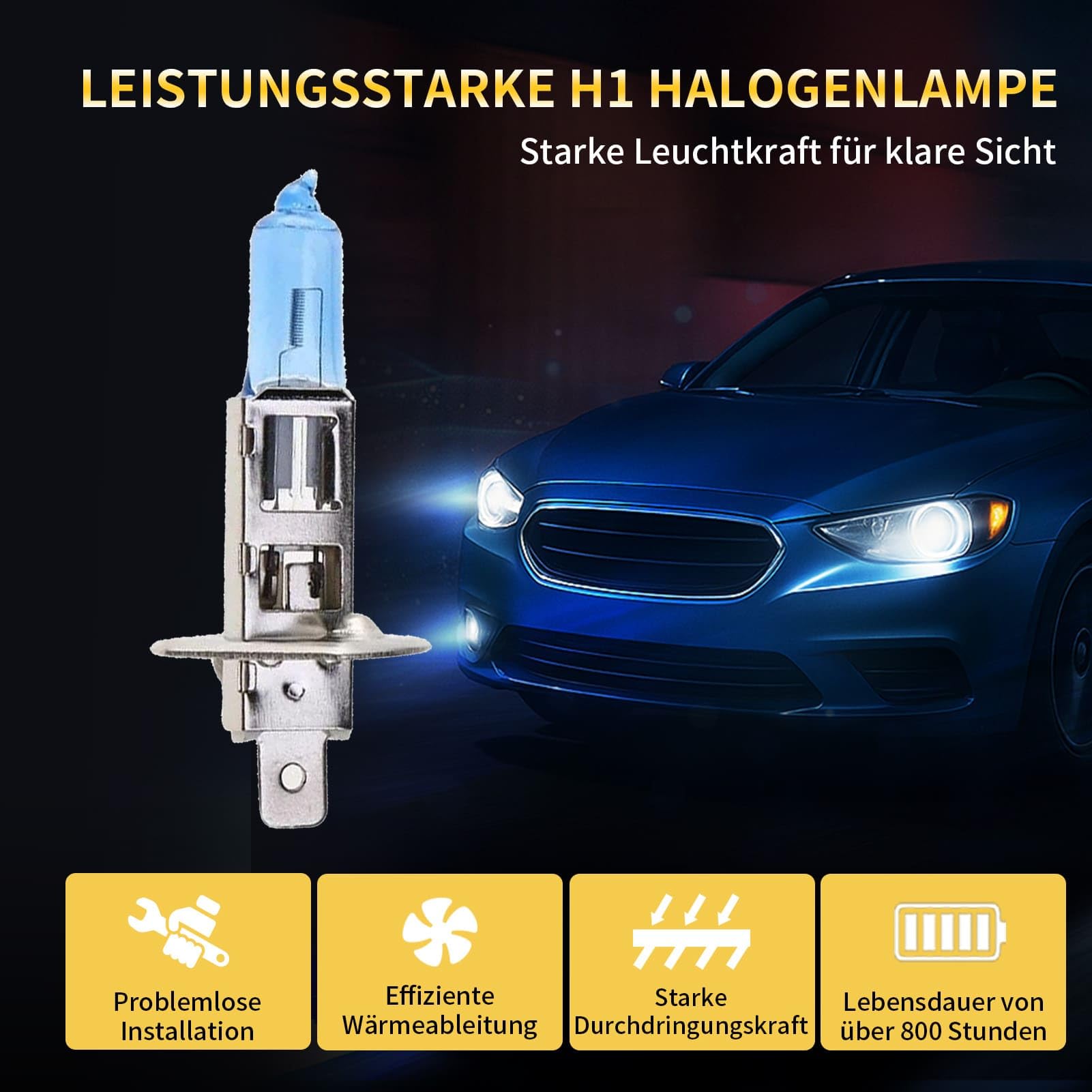H1 Halogen Auto Lampe 12V 60W – Extra Hell & Ultra Langlebig – 6000K Weißlicht für Klarere Nachtsicht – Stoßfest, Plug-&-Play H1 Scheinwerfer für Abblendlicht & Fernlicht (2 Stück)