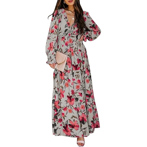 BLENCOT Womens Casual Floral Deep V Neck Long Sleeve Long Evening Dress Cocktail Party Maxi Wedding Dresses