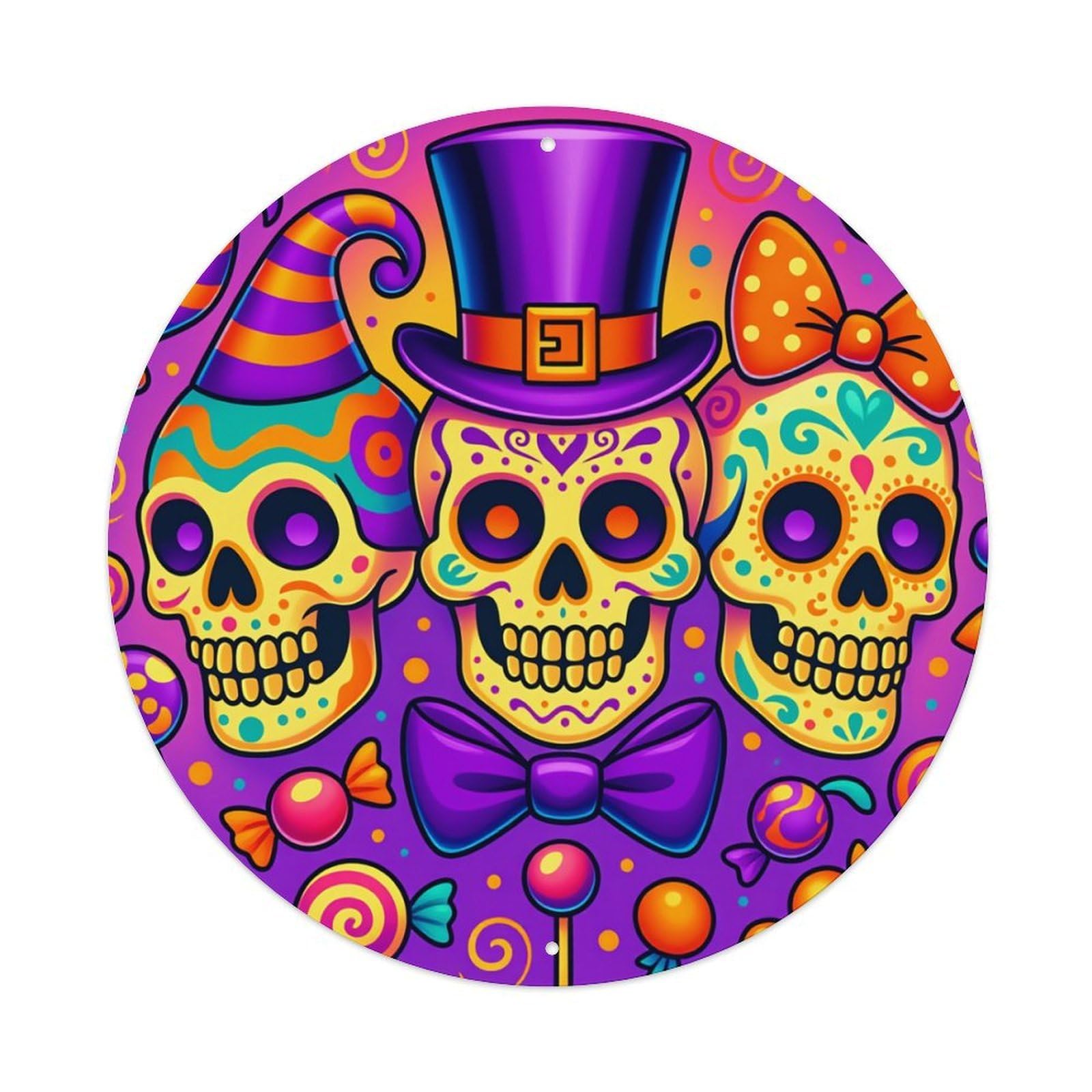 Colorful Skulls With Hats And Candy Round Tin Sign Retro Metal Sign for Cafe Bar Pub Home Game Room Gym Club Wall Decoration Vintage Metal Poster 8x8 Inch