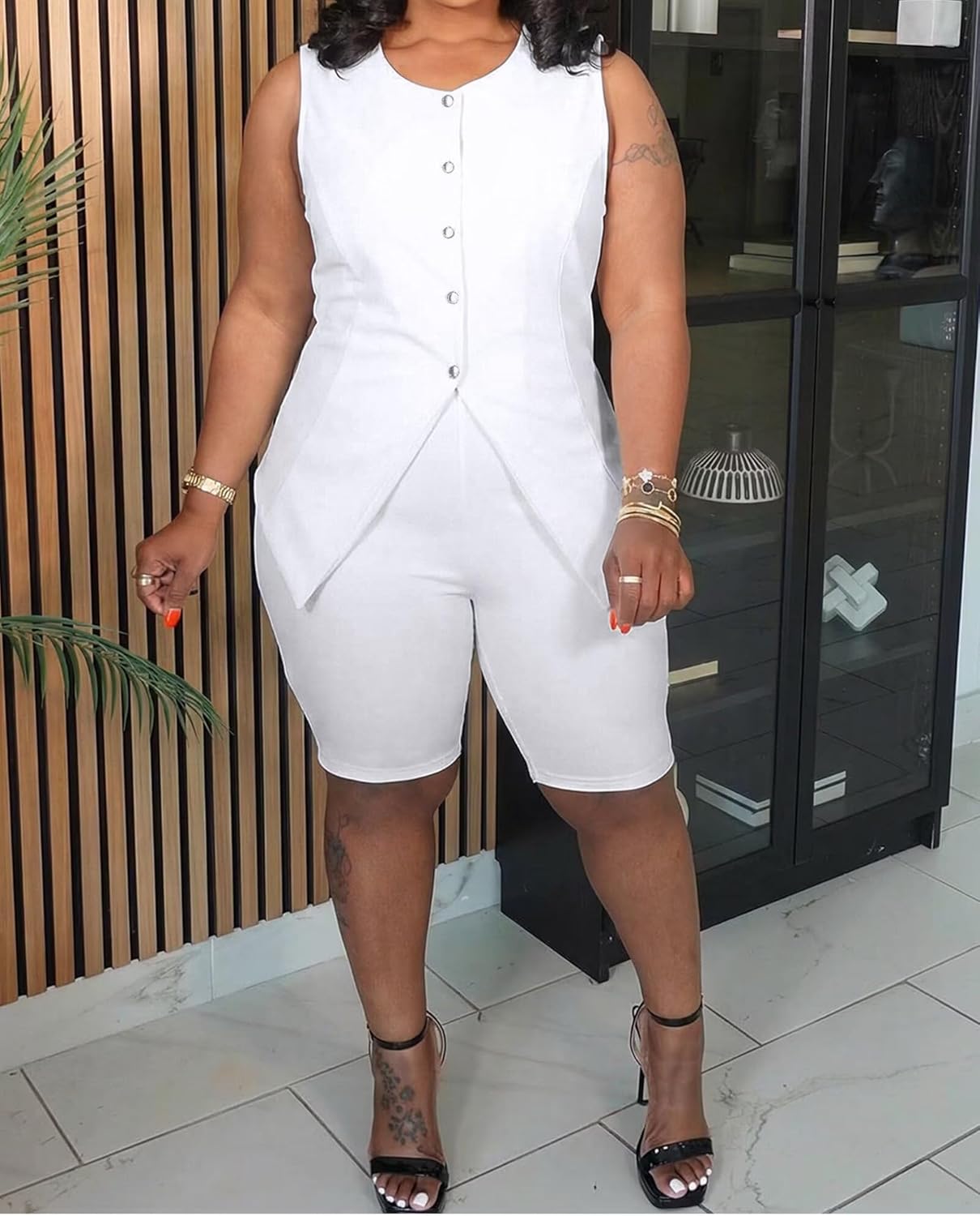 CXXQ Womens Plus Size Summer 2 Piece Sets Sleeveless Vacation Travel Outfits Vest Shorts Matching Sets Casual Business Suits