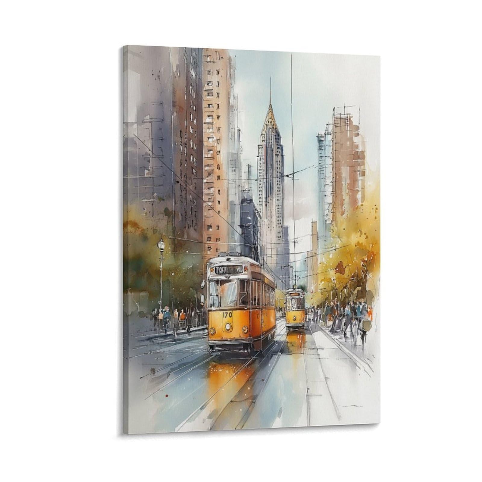 CNAHEIZ Watercolor Trolley Cityscape 20x30inch(50x75cm) Vintage Travel Poster Watercolor Canvas Art