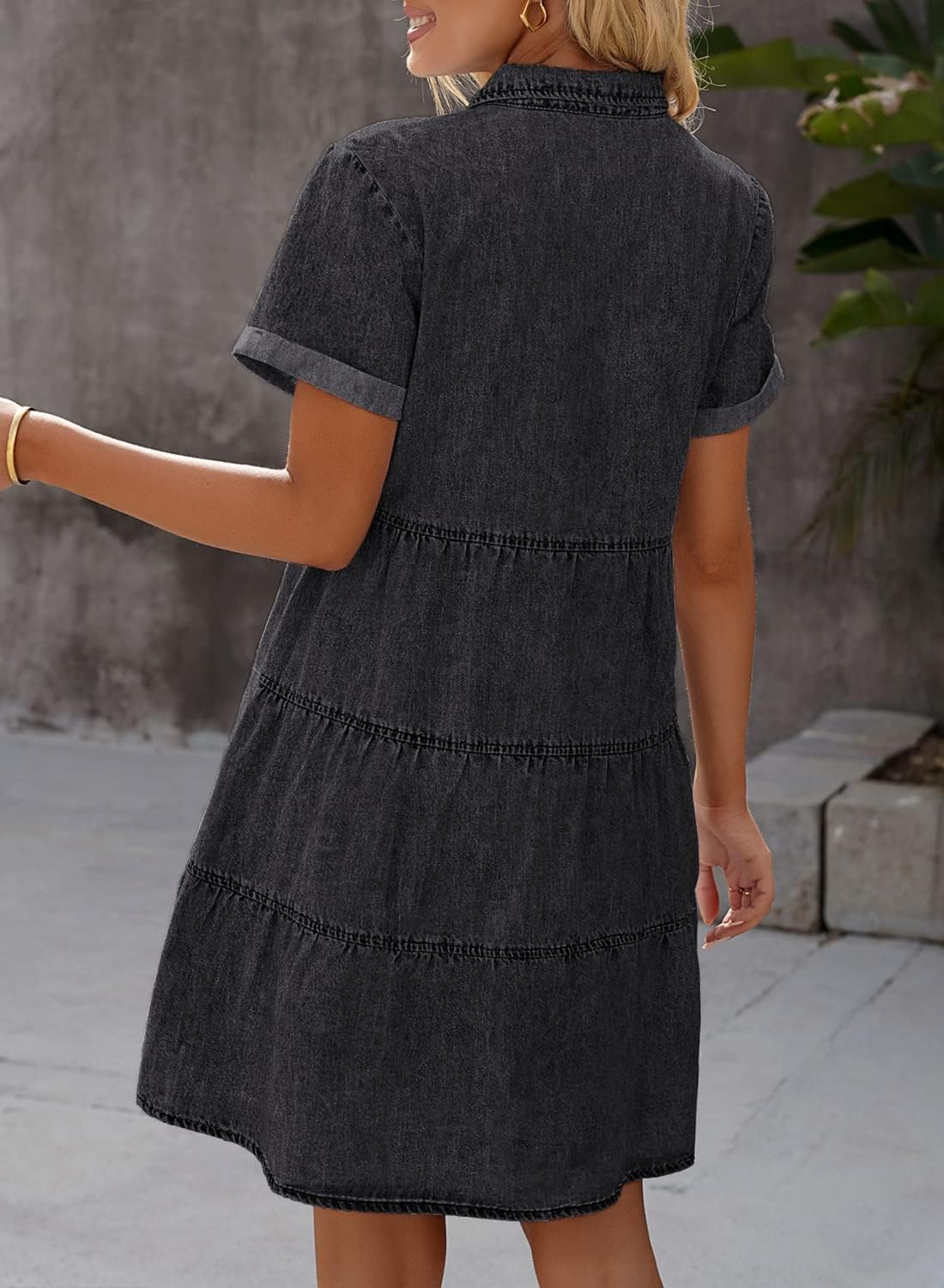 luvamia Women's Casual Short Sleeve Button Down Tiered Denim Babydoll Jean Dress - Image 3