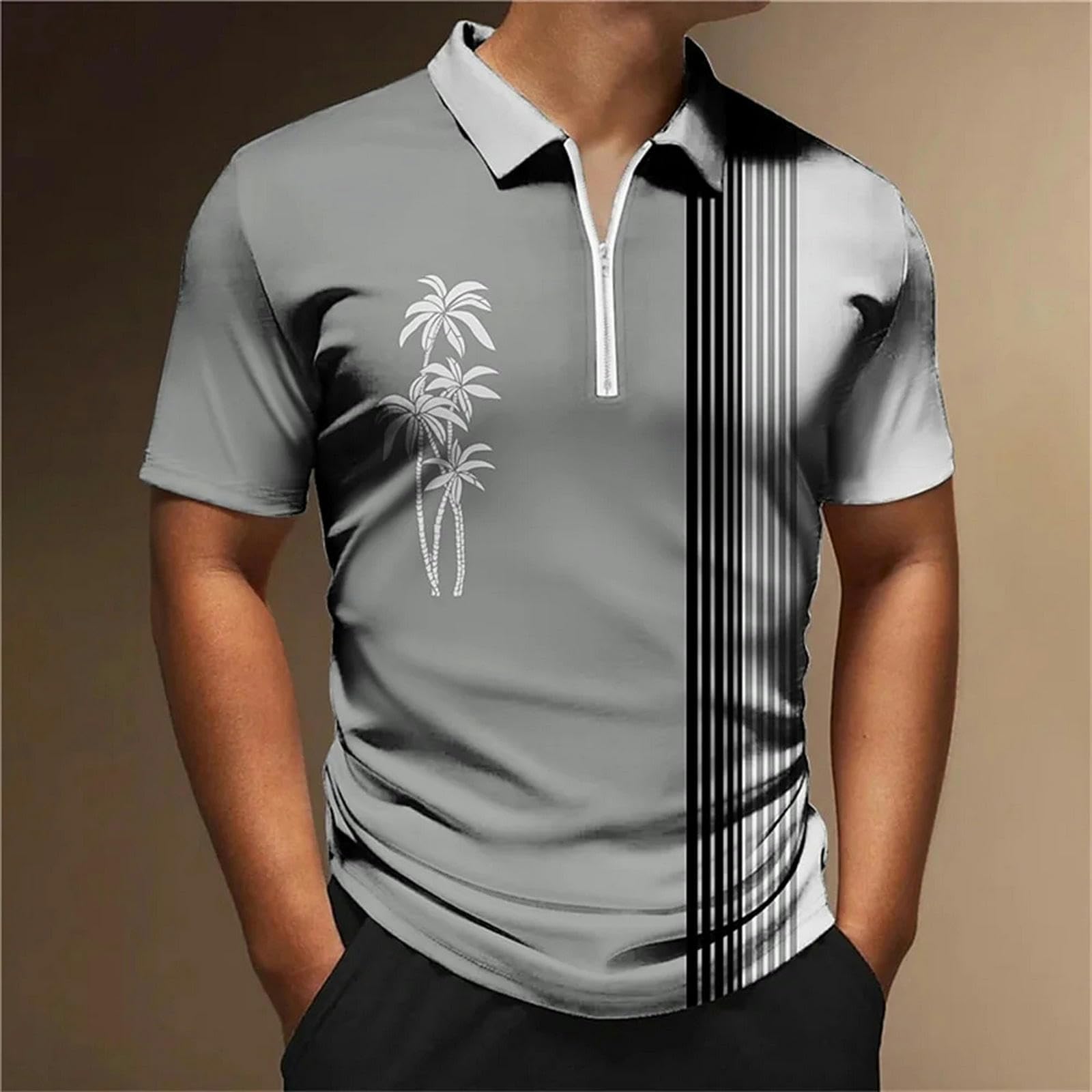 t-Shirt A Righe Uomo Estate Casual Uomo Manica Corta Top Semplice Zip-zh12099-3xl