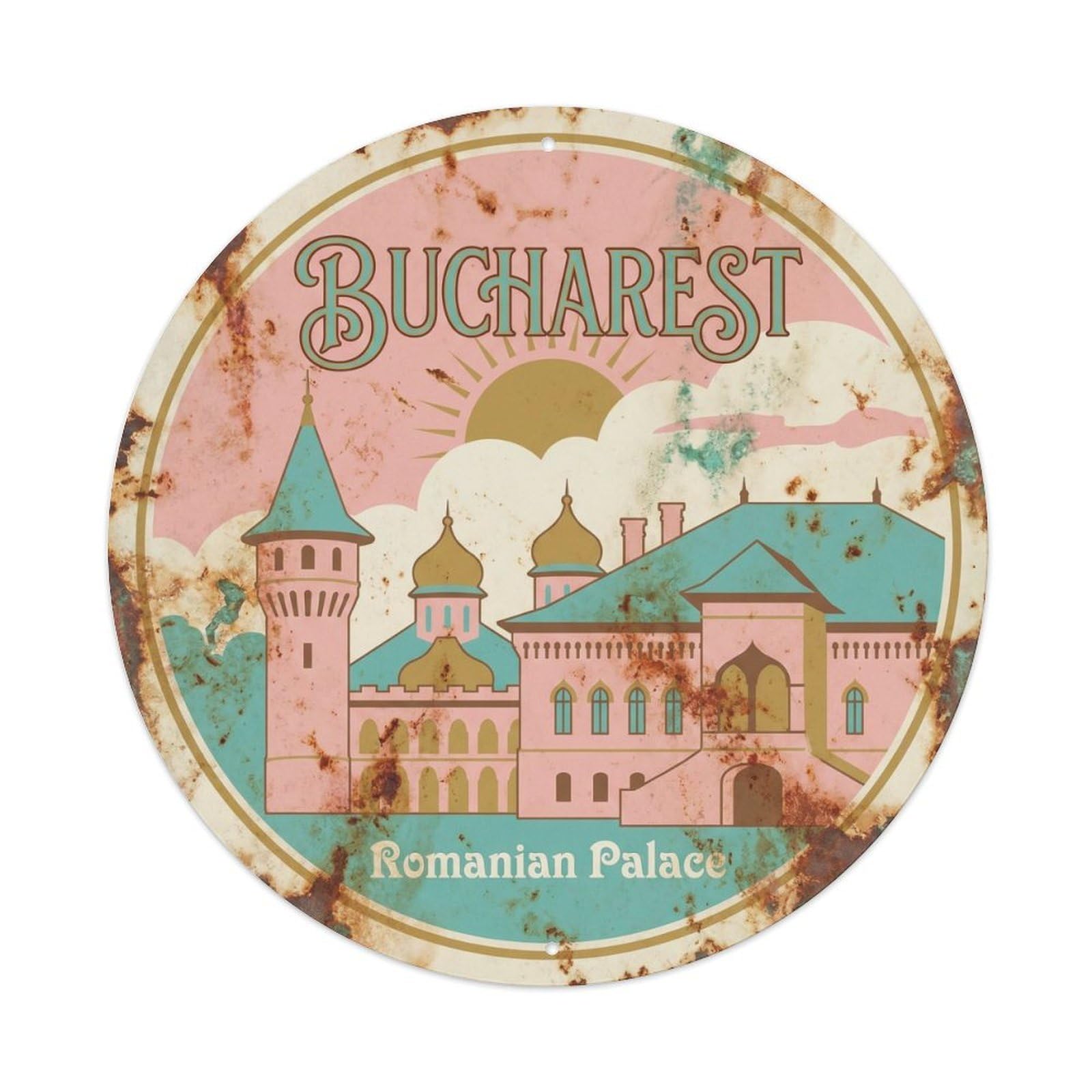 Vintage Travel Bucharest Palace Romanian Metal Tin Sign
