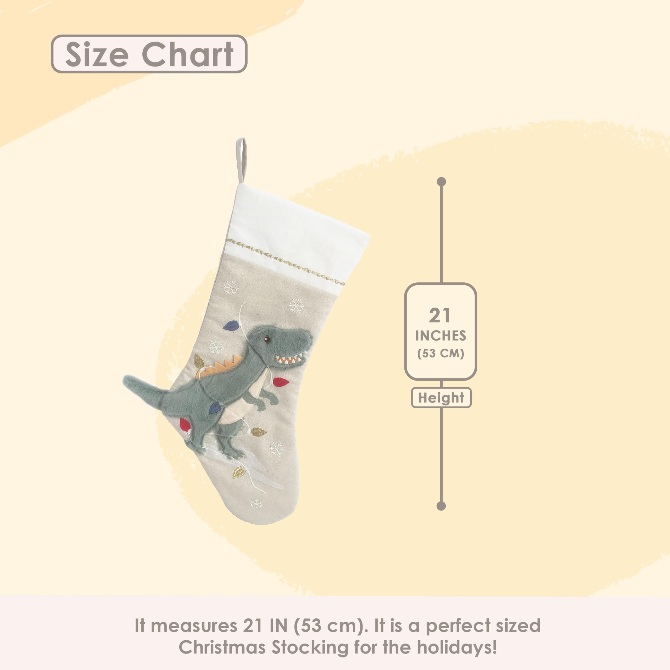 MON AMI Festive Dino Linen Christmas Stocking - 21" Christmas Décor, Perfect for Monogramming, Beige, 21 IN / 53 CM - Image 3