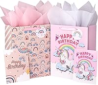 Vista 8 de WRAPAHOLIC Bolsa de regalo de cumpleaños grande de 13 pulgadas con tarjeta y papel de seda, adorable unicornio con lámina plateada holográfica