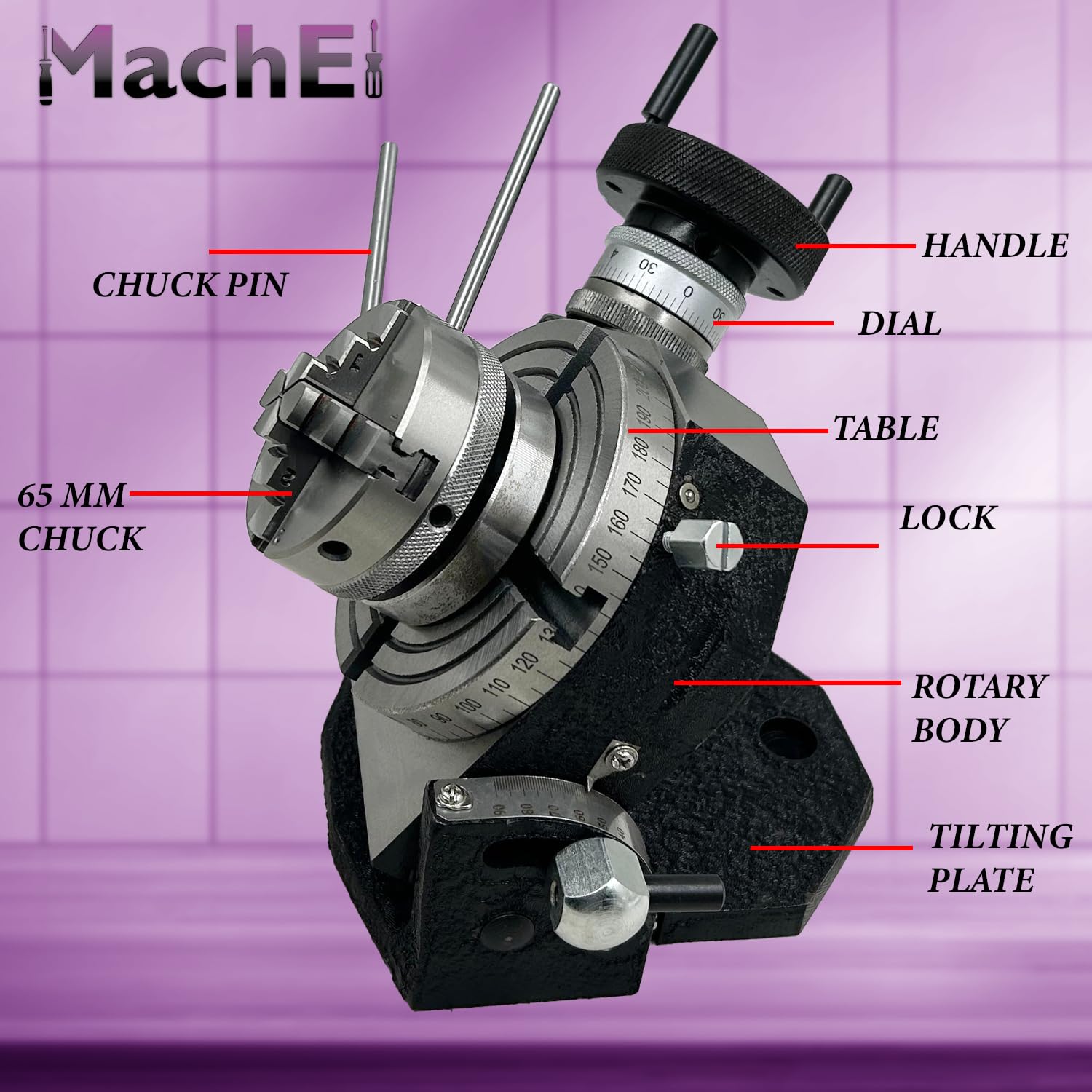 MachEl Precyzyjny stół obrotowy 4"/100 mm z 4-szczękowym samocentrującym uchwytem 65 mm, płytą tylną i zestawem do mocowania nakrętki T - idealny do obróbki metali i narzędzi inżynieryjnych