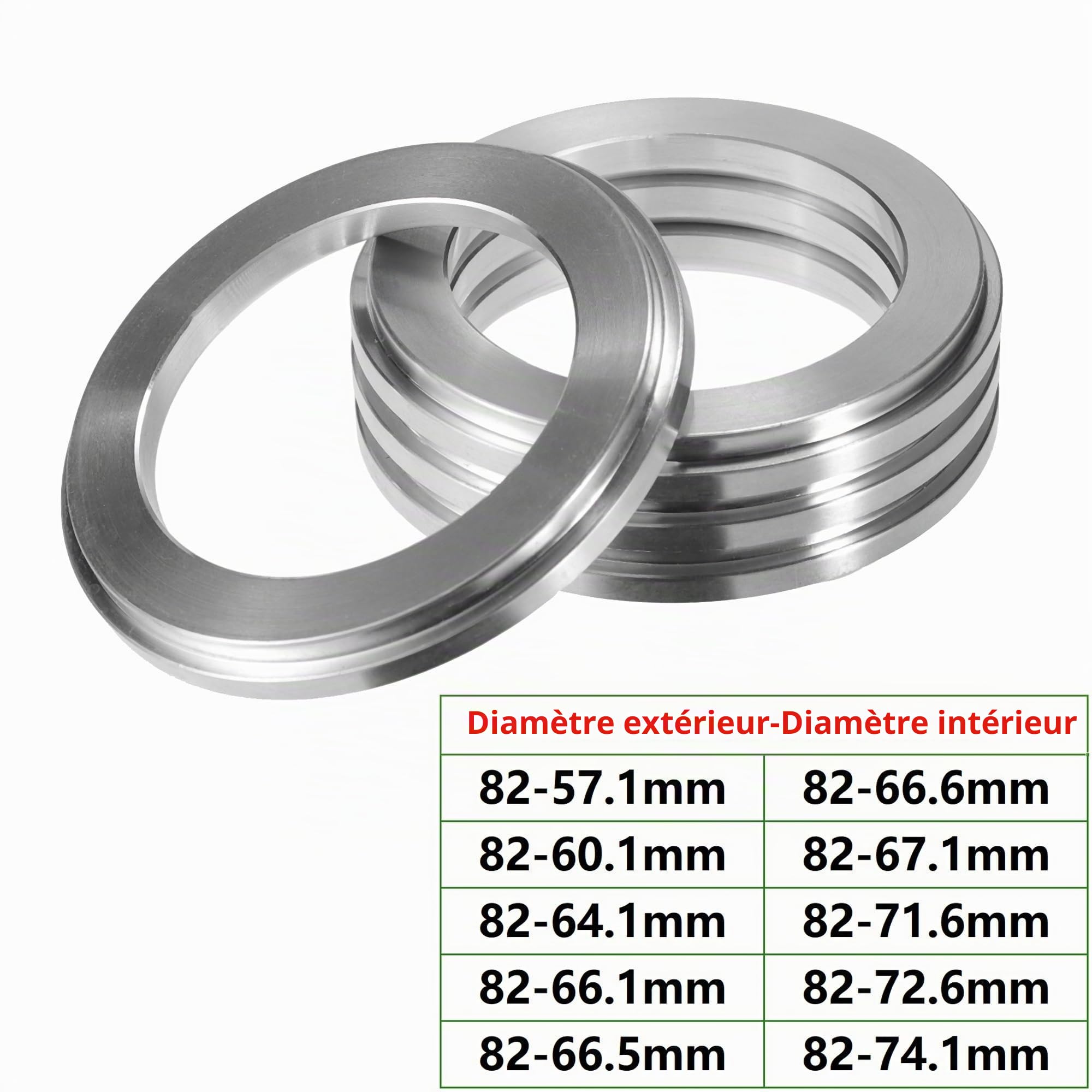 Bague De Centrage Jante 4 pièces OD 82mm à ID 57.1mm 66.1mm 66.5mm 72.6mm 74.1mm anneaux centraux de moyeu de voiture en alliage d'aluminium entretoise centrale d'alésage de roue Joint De Moyeux(Color