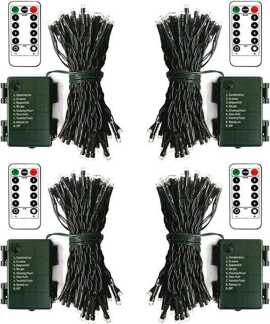 4 Pack Christmas Battery Fairy Lights 5m Dark Green Cable 50 LED String Lights with Remote Timer 8 Modes Christmas Twinkle Lights for Home Party Christmas Tree Decor (Cool White)