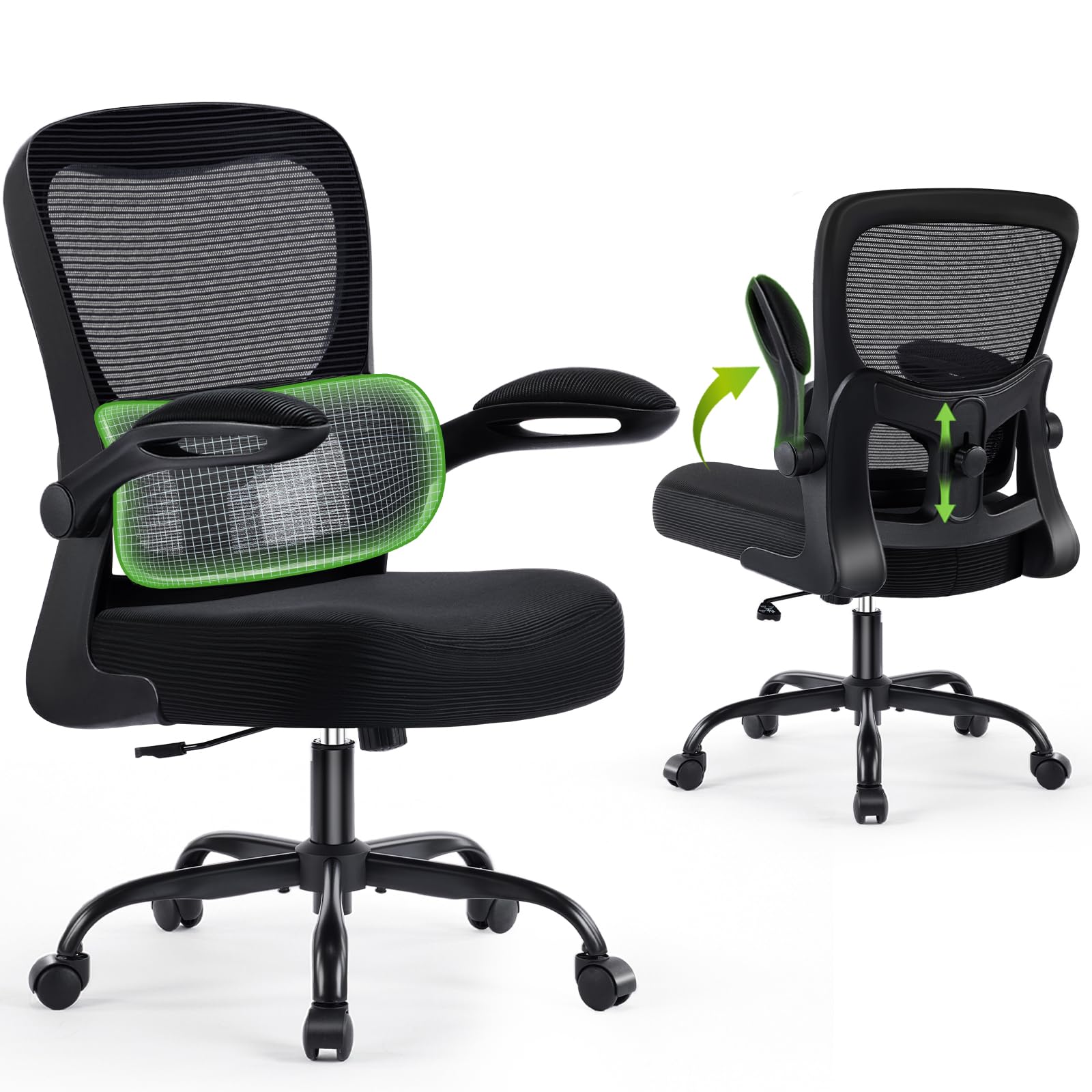 AreShark Ergonomic Office Chair, Comfy Desk Chair with Adjustable Lumbar Support, Mesh Computer Chair with Wheels, Flip-up Armrests, Swivel Rolling