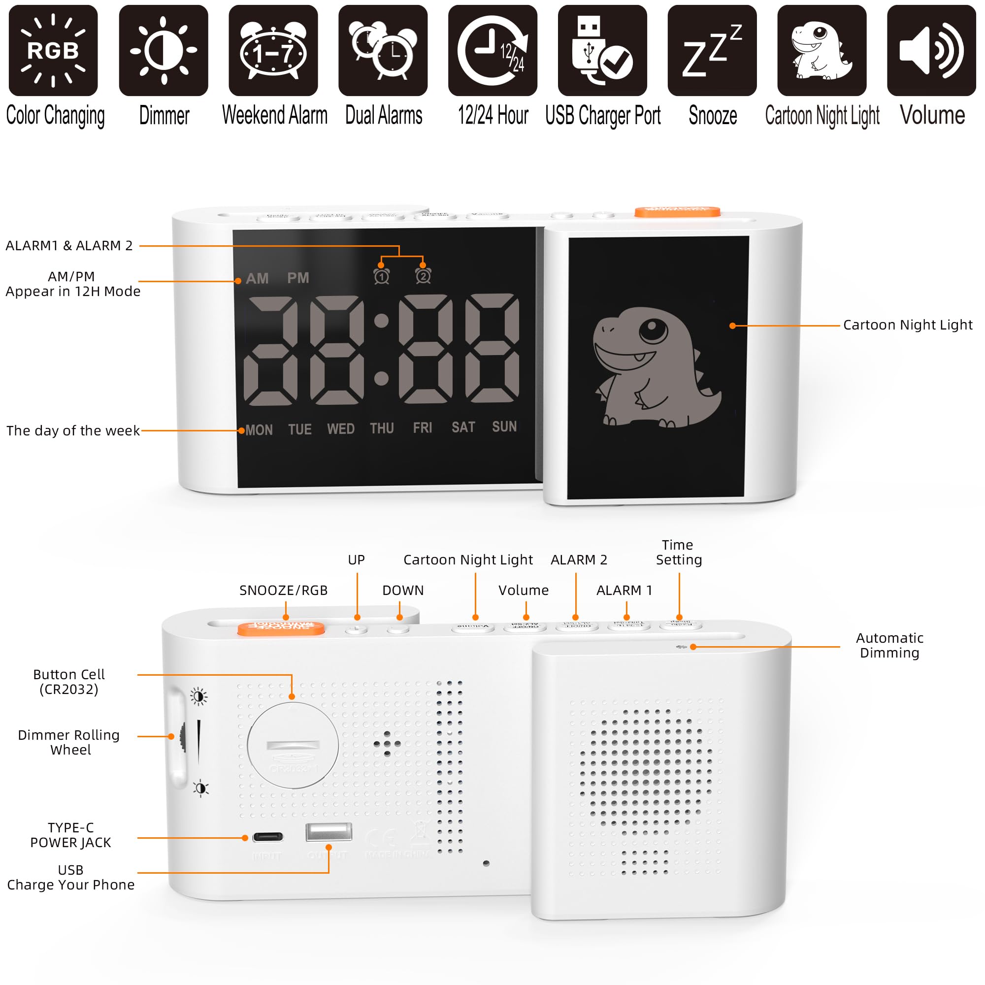 Euakee Réveil Numérique Dinosaure Mignon Horloge LED S - 11 Couleurs, Snooze, Veilleuse
