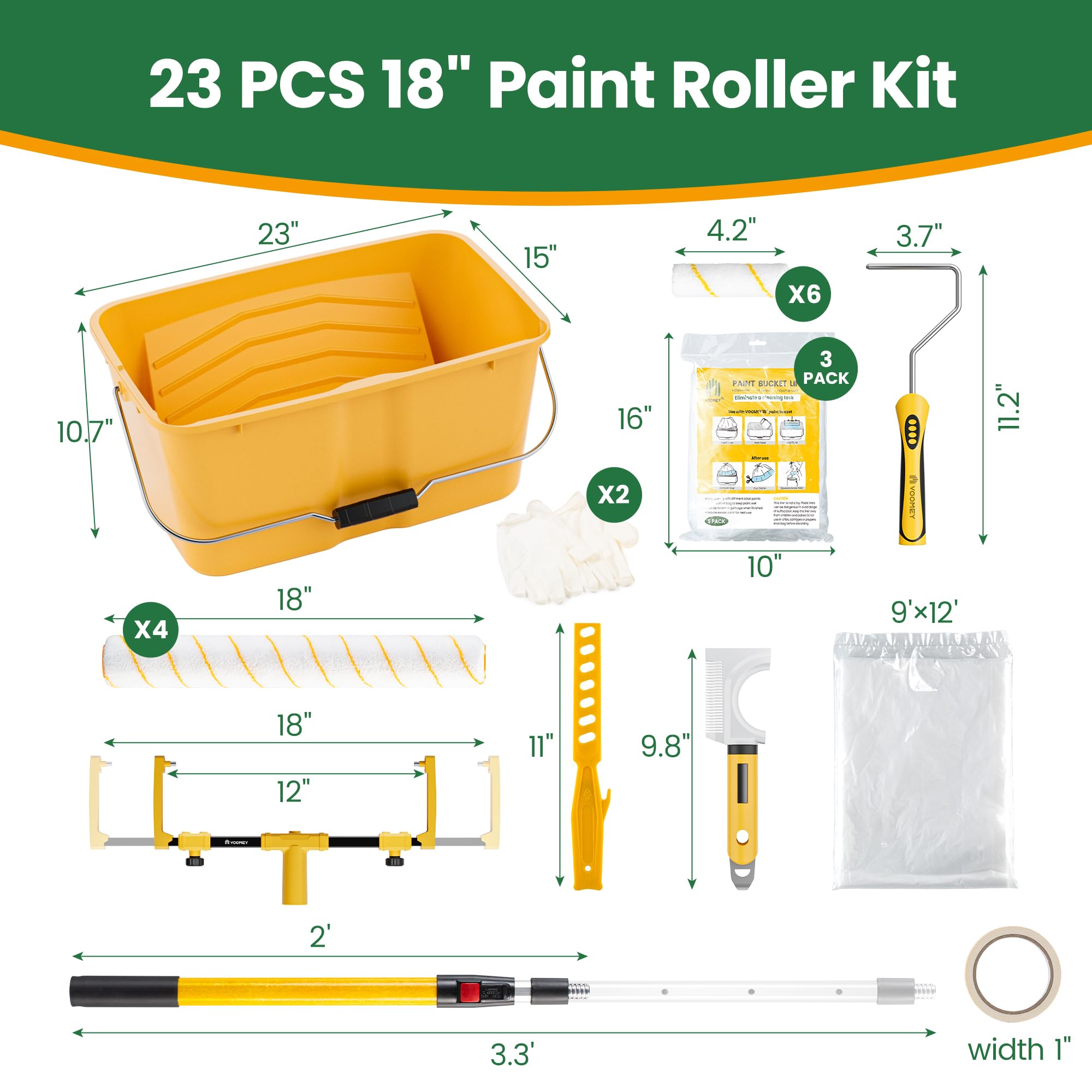 VOOMEY Kit rullo da pittura da 45,7 cm con asta di estensione da 9,7 m | Kit di pittura grande da 23 pezzi con rullo in microfibra, secchio e fodere per una copertura rapida su pareti e soffitti