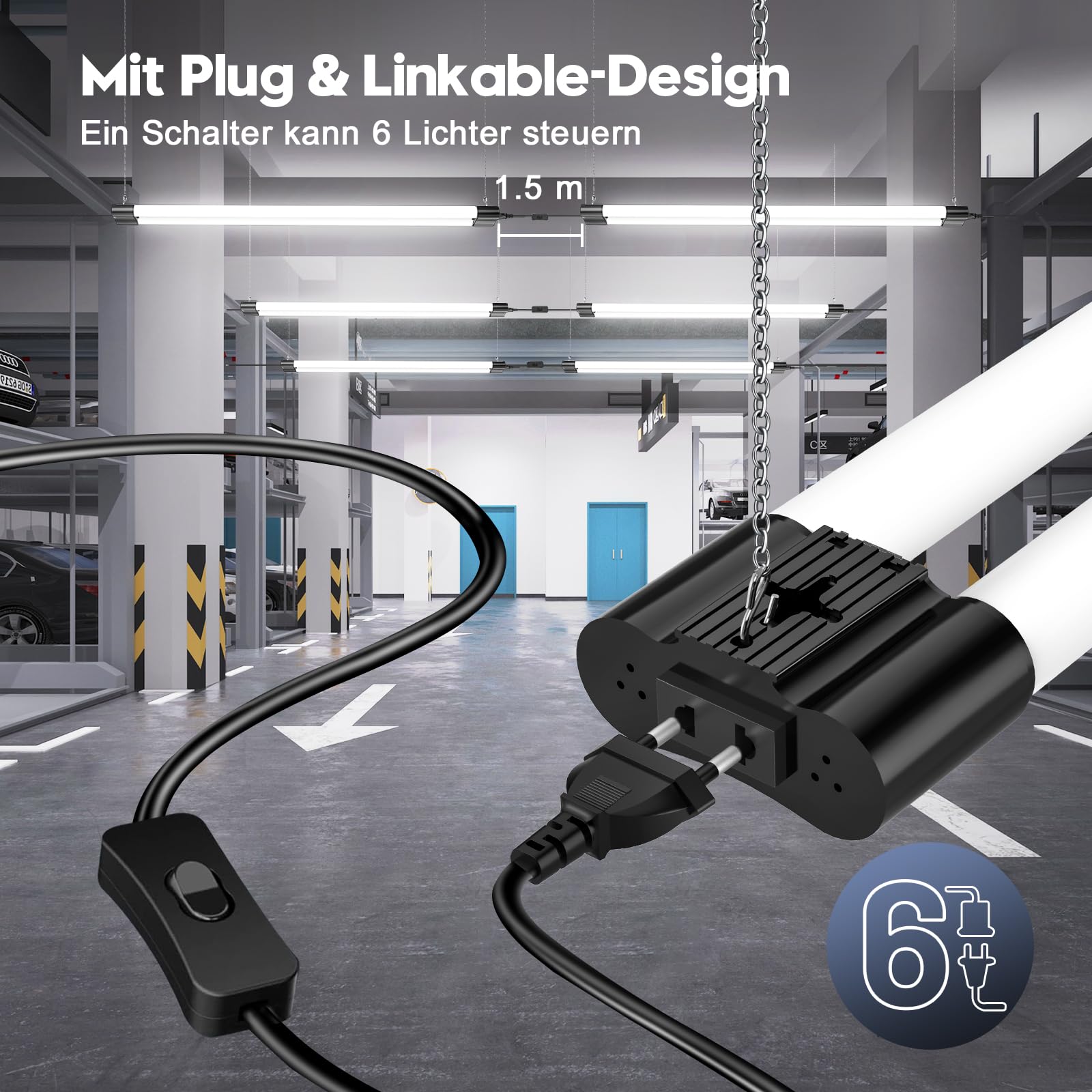 Feuchtraumleuchte LED 115cm mit Stecker,40W Verknüpfbar Feuchtraumlampe,6500K Kaltweiß LED Röhre,4400LM Superhell Kellerlampe,Leuchtstoffröhre für Küche Büro Flur Garage