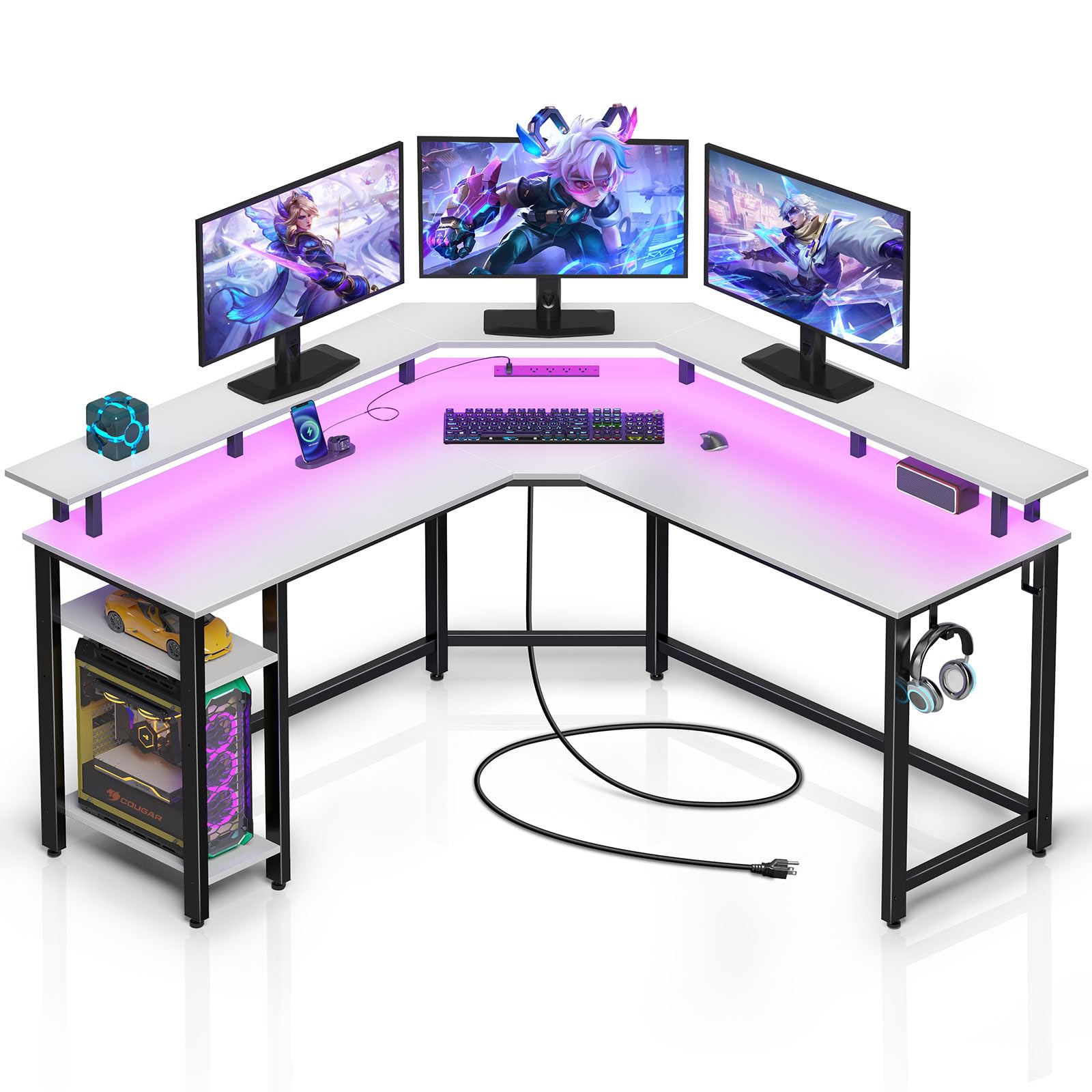 RolanstarL Shaped Gaming Desk with LED Lights & Power Outlets, 53" Computer Desk with Full Monitor Stand & Storage Shelf, Corner Desk with Hooks, White Desk ReversibleBIFMA LEVELBIFMA LEVELBIFMA LEVEL