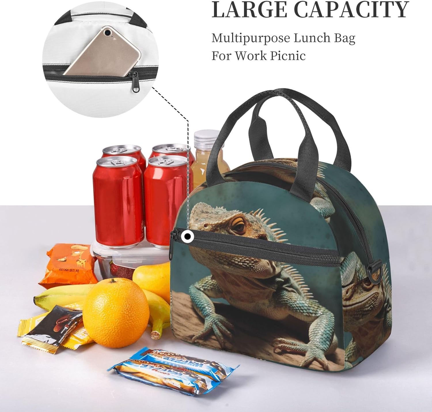 Insulated Lunch Bag Lizards Lunch Box for Women Men Reusable Leakproof Cooler Bag for Office Travel Picnic