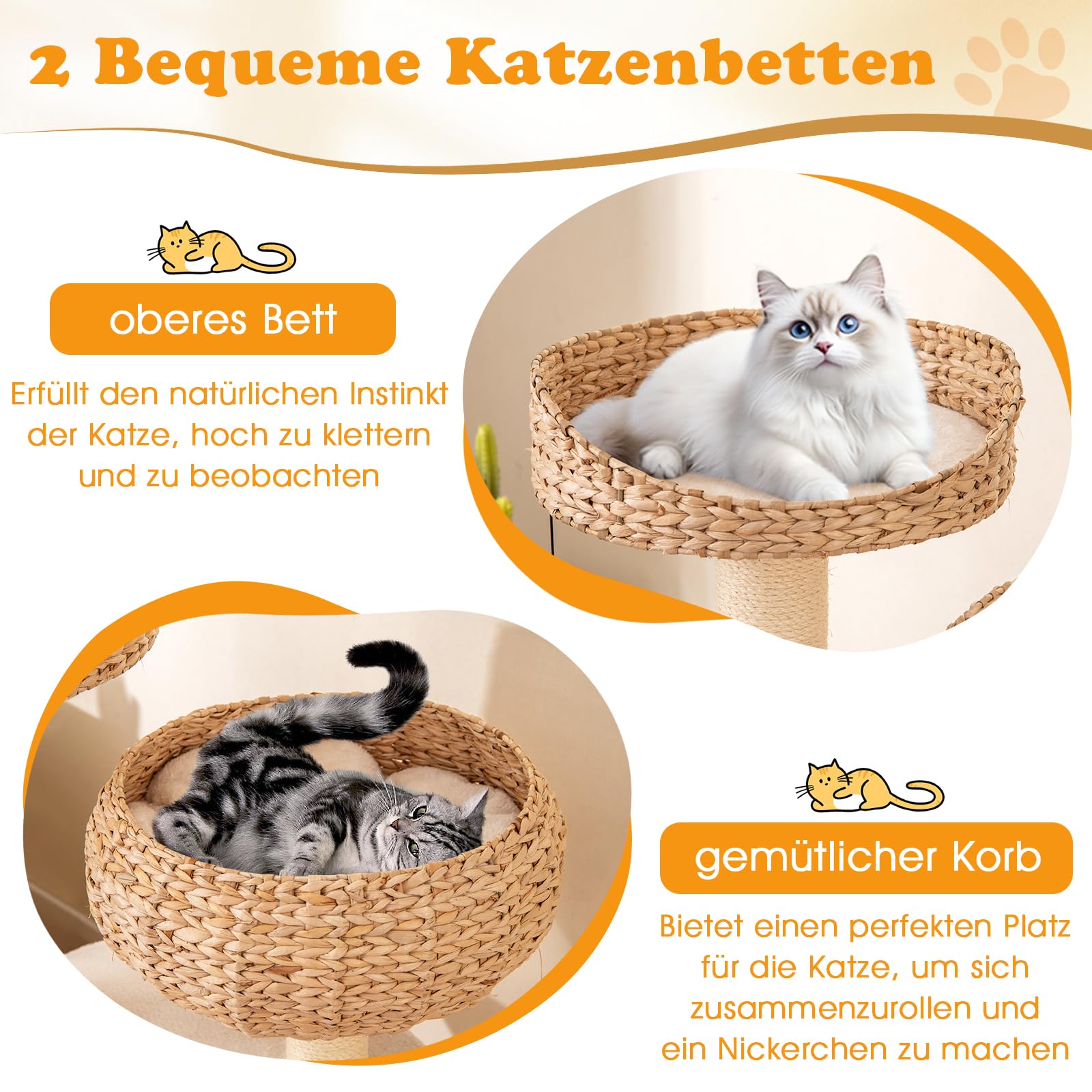 GOPLUS Kratzbaum, Katzenbaum mit Sisal-Säulen, Hängender Ball und eine Schlinge, geräumige Aussichtsplattform, Katzennest aus Stroh, Stabile Struktur, Kratzbrett Kletterbaum für Mehrere Katzen (Beige)