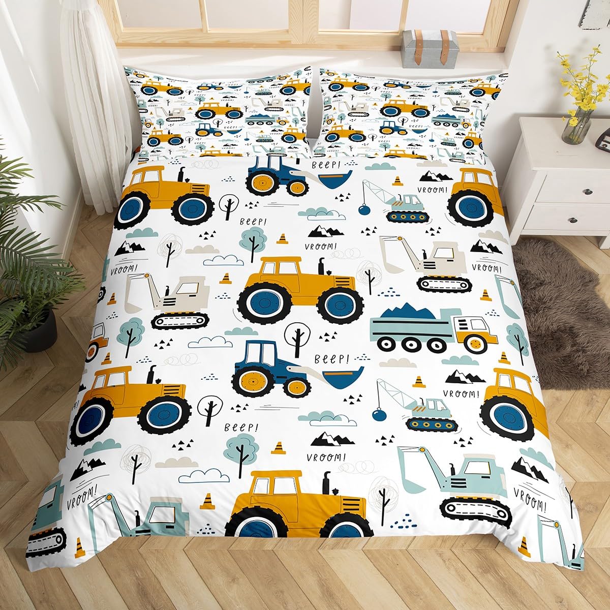 Truck King Size Duvet Cover Sets for Kids Tractor Construction Bedding Set 3-Piece