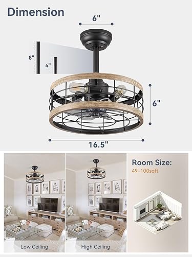 Miniatura 6 de LEDIARY Ventilador de techo enjaulado de 16.5 pulgadas con luz, ventilador de techo industrial Fandelier con control remoto, luminarias de techo de