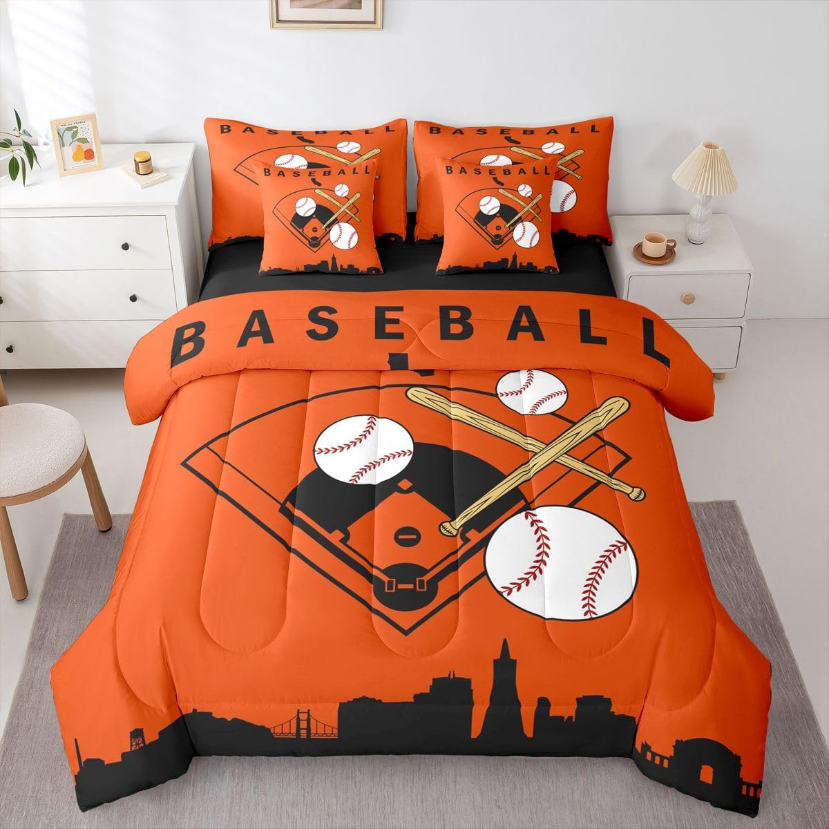 Erosebridal Baseball City Twin Size Comforter Set with Sheets Baseball Sports 7 Piece Bedding Set for Boys Softball Games Bed in A Bag Modern Orange Bed Sets for Kids Teens Youth Men Bedroom Decor