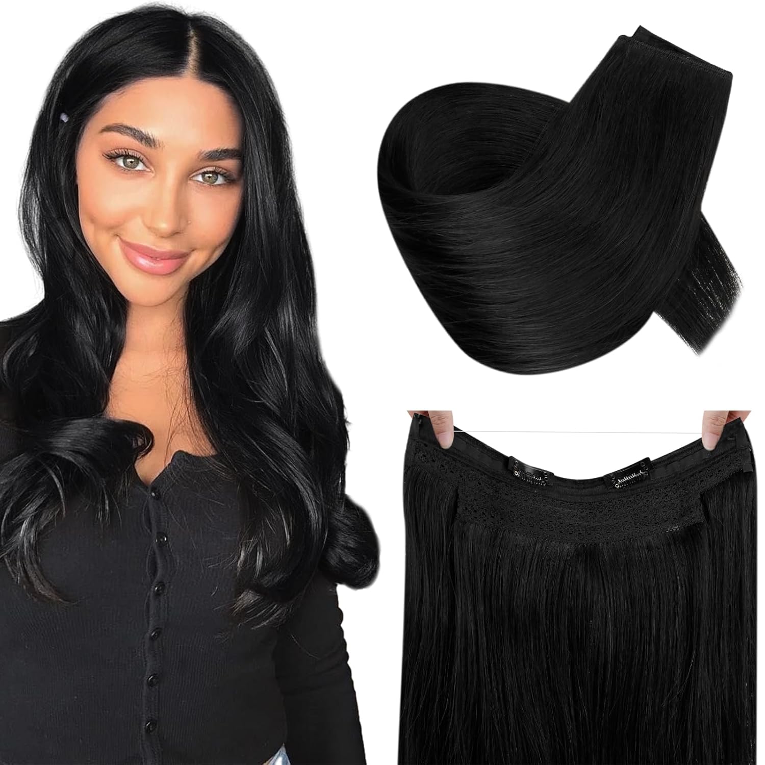 RUNATURE Wire Hair Extensions Real Human Hair Jet Black