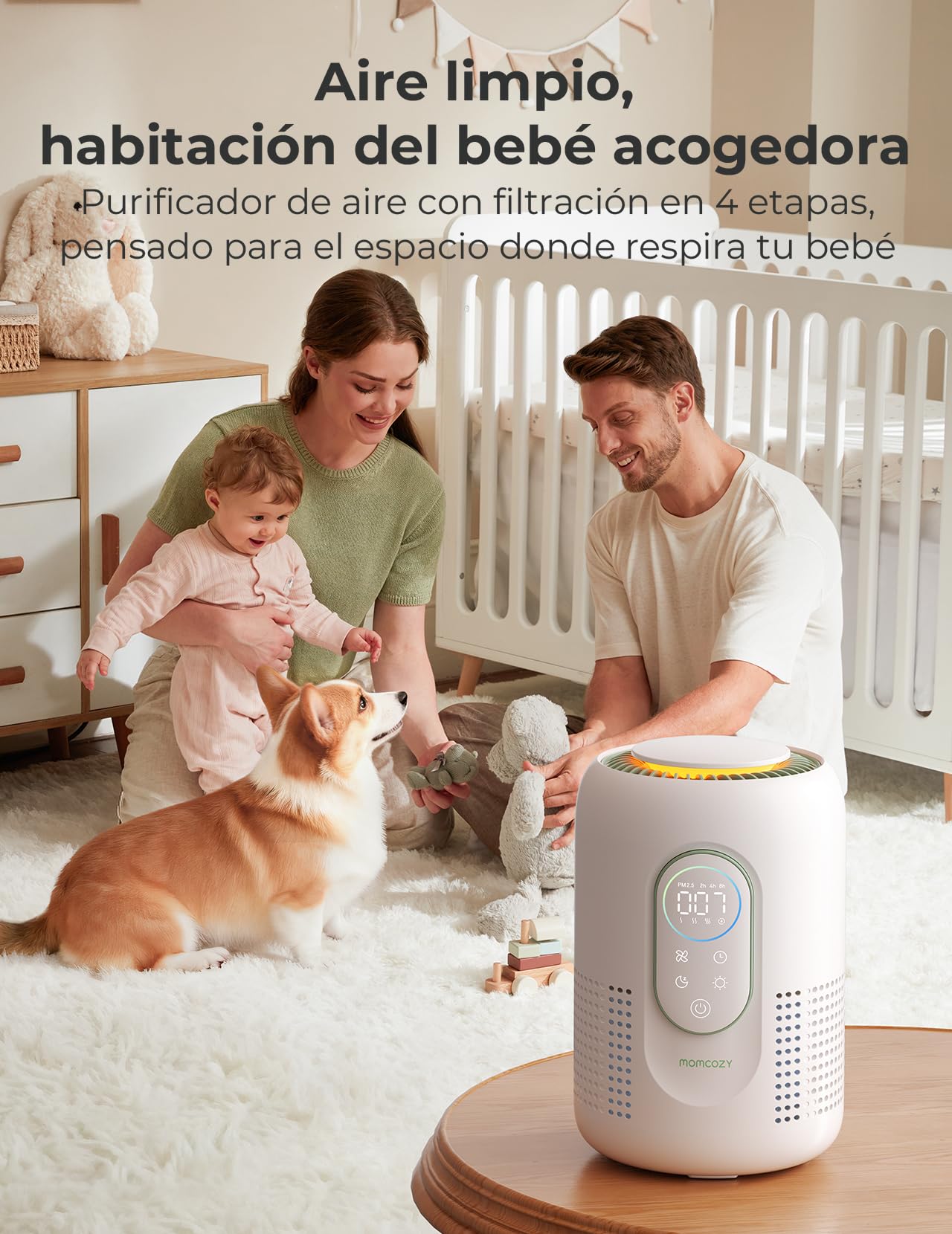 Momcozy Purificador de Aire con Filtro Hepa 4 en 1, Purificador de Aire con Monitoreo de PM 2.5, 4 Velocidades, Modo Sueño de 21dB, Luz Nocturna Ajustable, Ideal para Bebes y Mascotas en Hogar