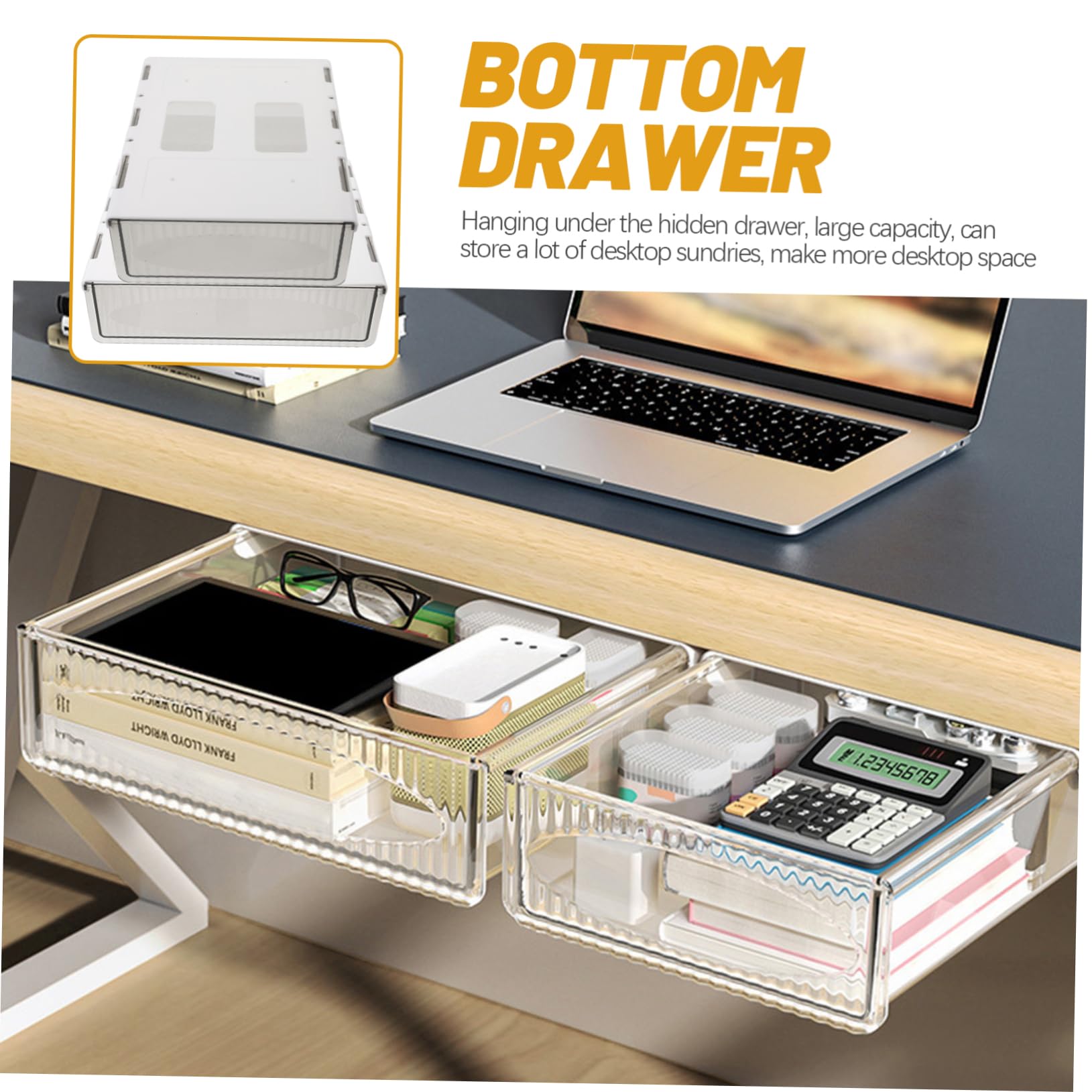 HOMSFOU Organizer da Scrivania Nascosto Cassetto, 2 Pezzi, Plastico Bianco | Grande Capienza, Installazione Semplice, Resistenza All’usura, per Soggiorno e Comò