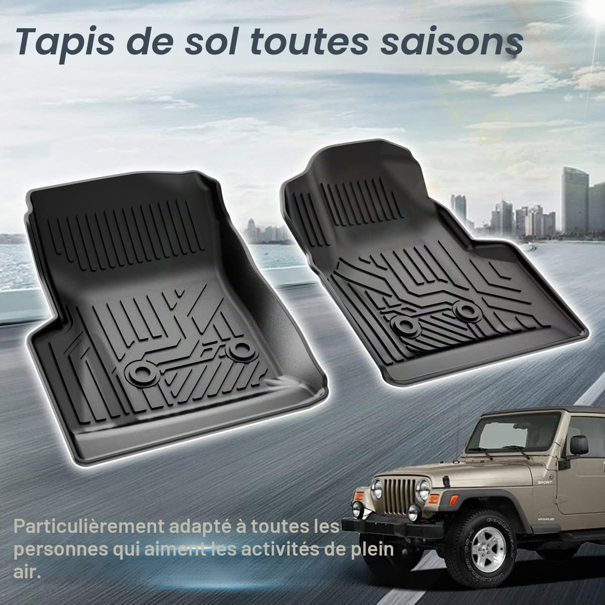 Lot de 2 Tapis de Sol pour Jeep Wrangler TJ 1997-2006, Tapis de Protection en TPE Contre Les intempéries, Doublure de rangée Avant, Motif électronique, Noir