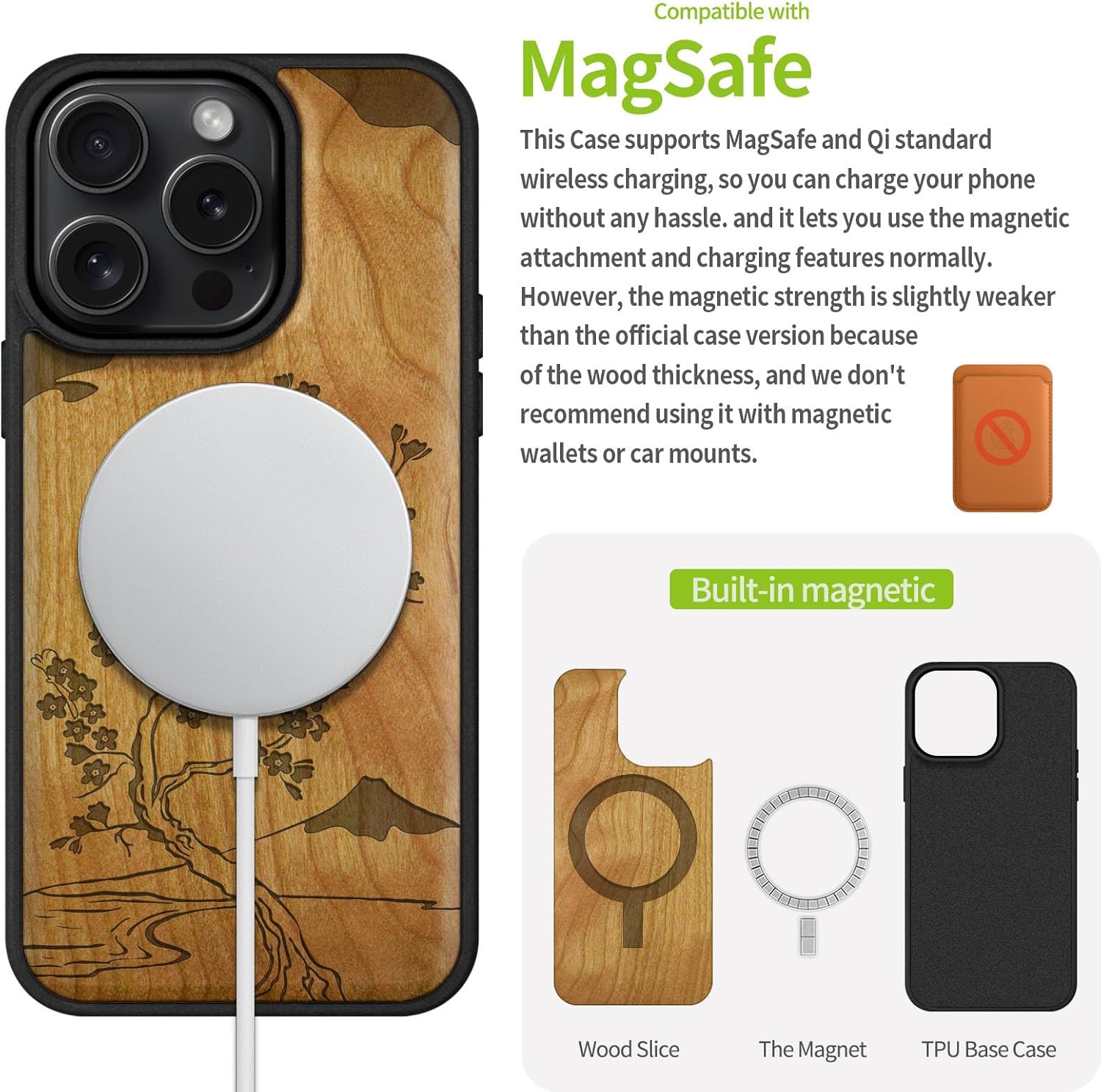 Carveit Magnetic Wooden Case for iPhone 16 Pro Case, Wood Artisan Engraved & Black Soft TPU Shockproof Cover, Compatible with MagSafe Wireless Chargers (Cherry Blossom with Mount Fuji) Cherry