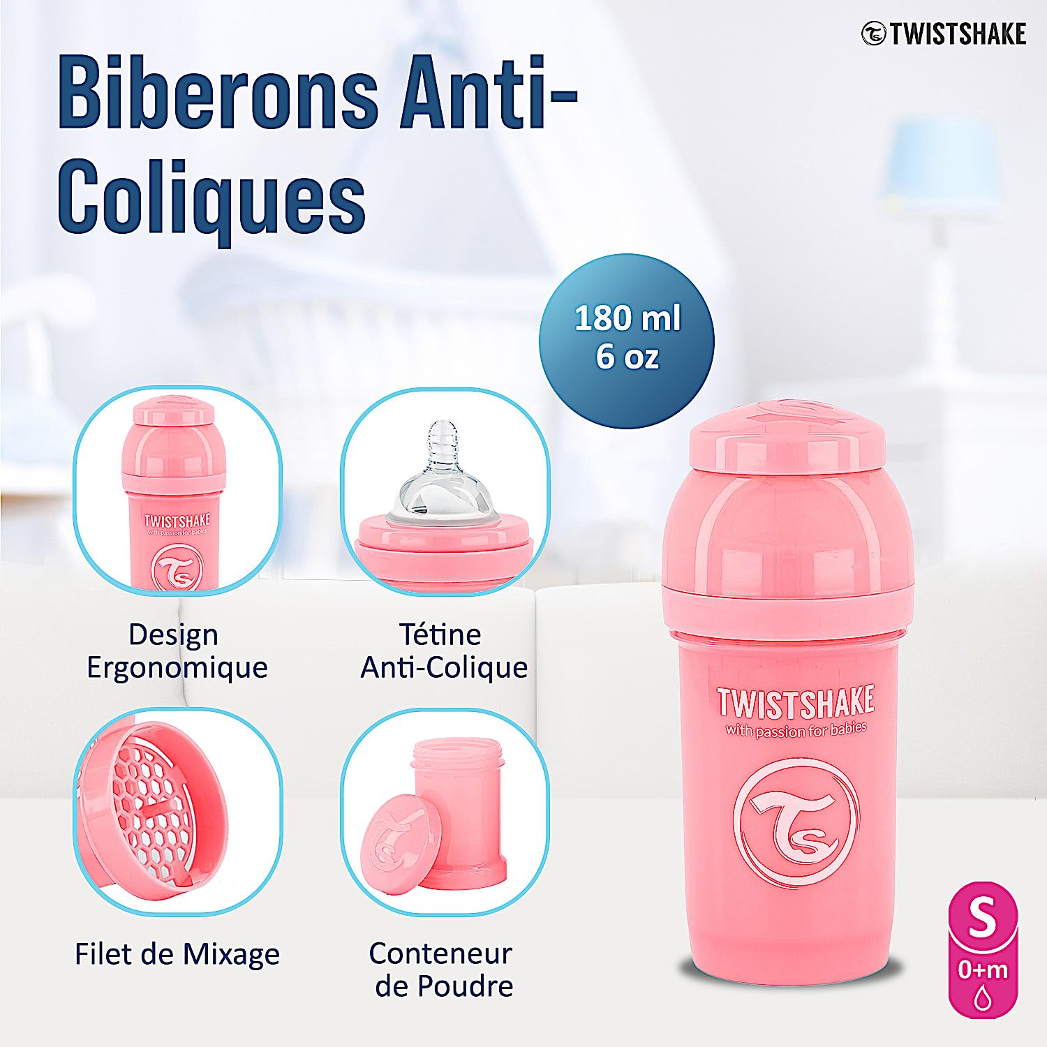 Twistshake Anti-Kolik-Babyflaschenset für Neugeborene mit Milchpulverbehälter und Mixer – 9-teilig | 4 x Milchflaschen – 2 x Schnuller – 2 x Sauger – 1 x Flaschenbürste | BPA-frei | 0m+ | Rosa Grau