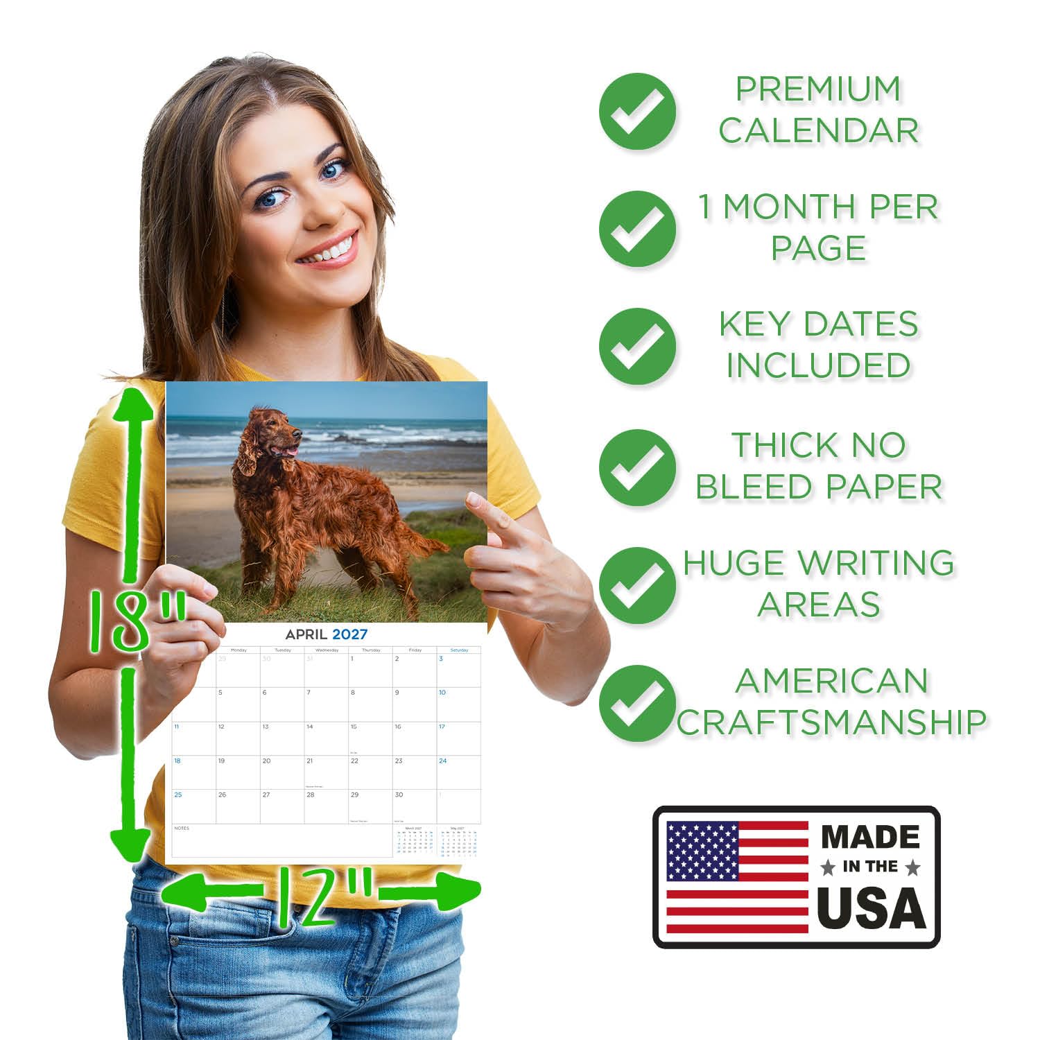 Calendrier mural mensuel 2025/2026 Setter irlandais – 30,5 x 45,7 cm ouvert – Papier épais sans bavure – Cadeau – Calendrier de planification et planification des enseignants – Fabriqué aux États-Unis