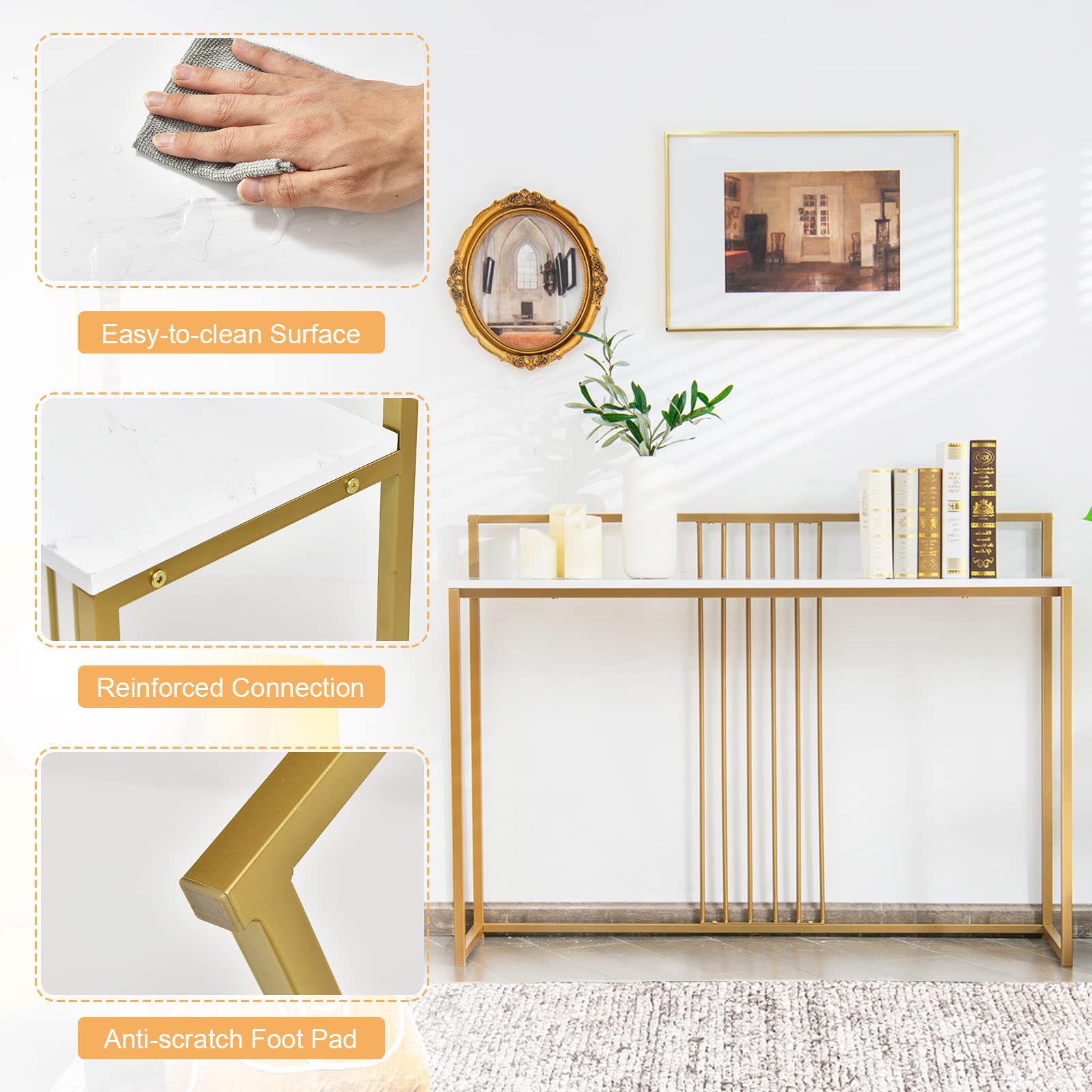 GIANTEX Tavolo Consolle in Marmorizzato Oro, Tavolino da Corridoio Struttura in Metallo, Tavolino da Salotto Design Moderno e Sottile, 120 x 30 x 88 cm (Bianco+Oro)