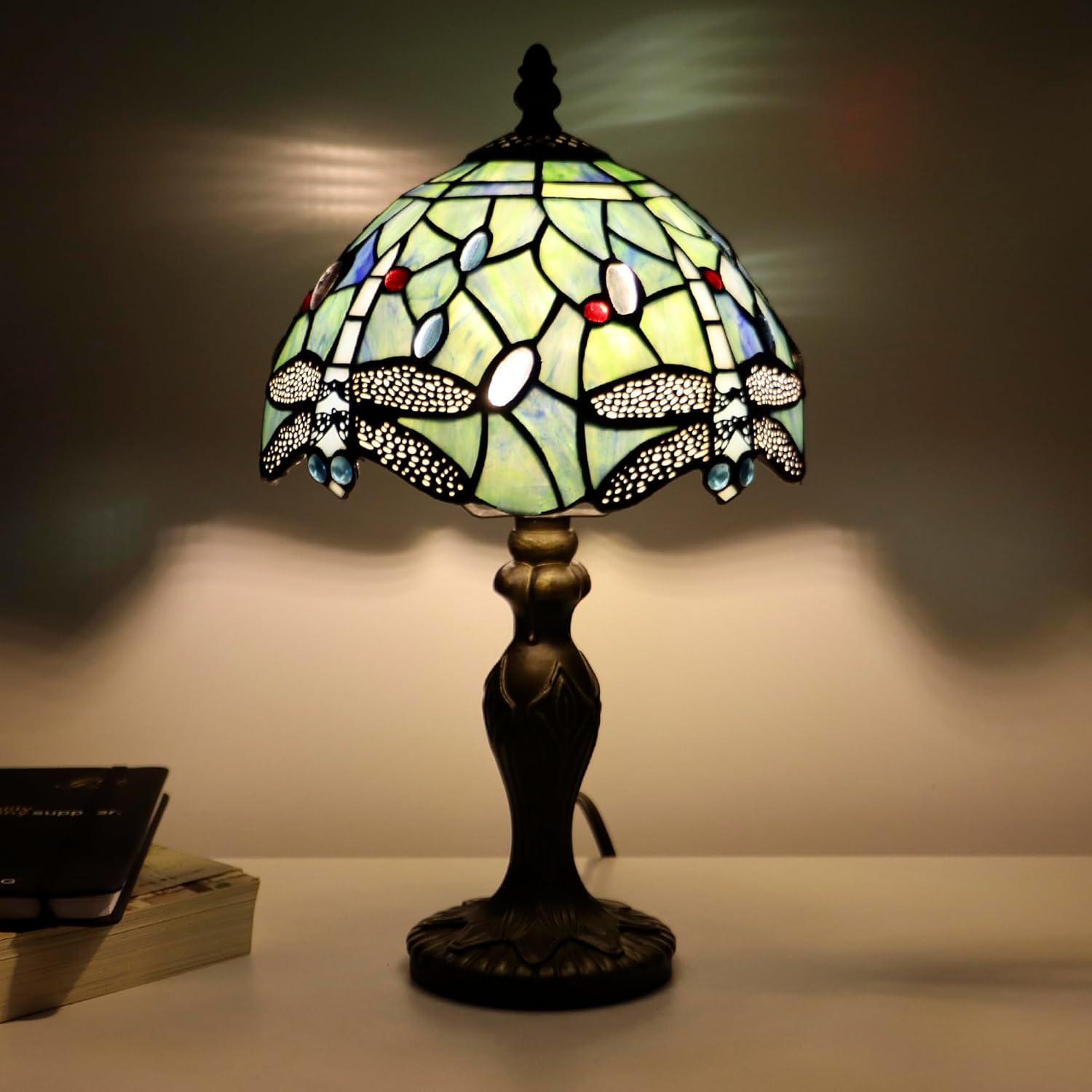 Tiffany Table Lamp Dragonfly Style Sea Blue Stained Glass Accent Lamp Bronze Resin Base 8X8X14 Inch