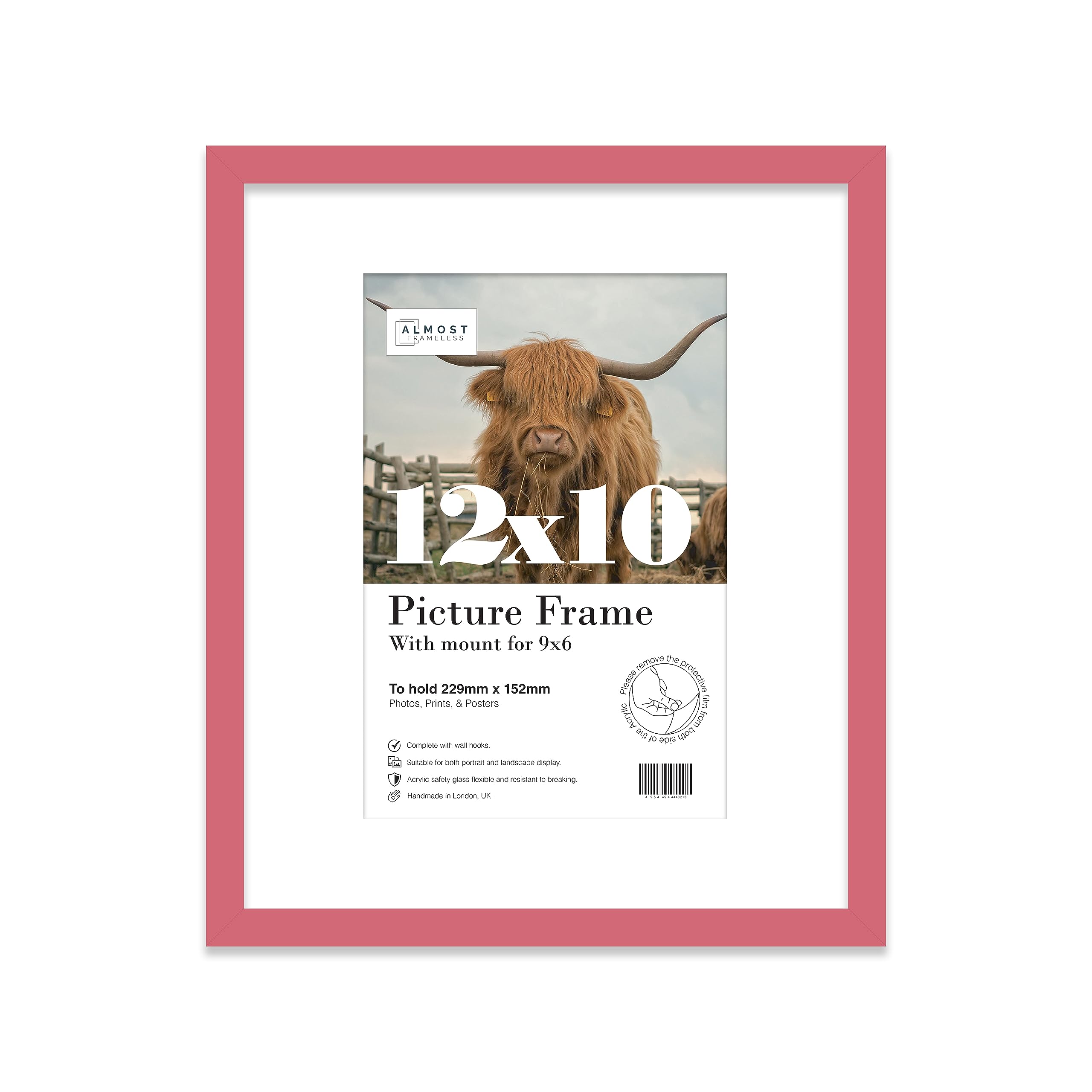 Almost Frameless 12x10 Pink Picture Frame With Mount for 9x6 Print, Poster or Photo Poster, Photo, Artwork, or Print. Thin Edge Slim Frame Portrait and Landscape Display with Wall Hooks