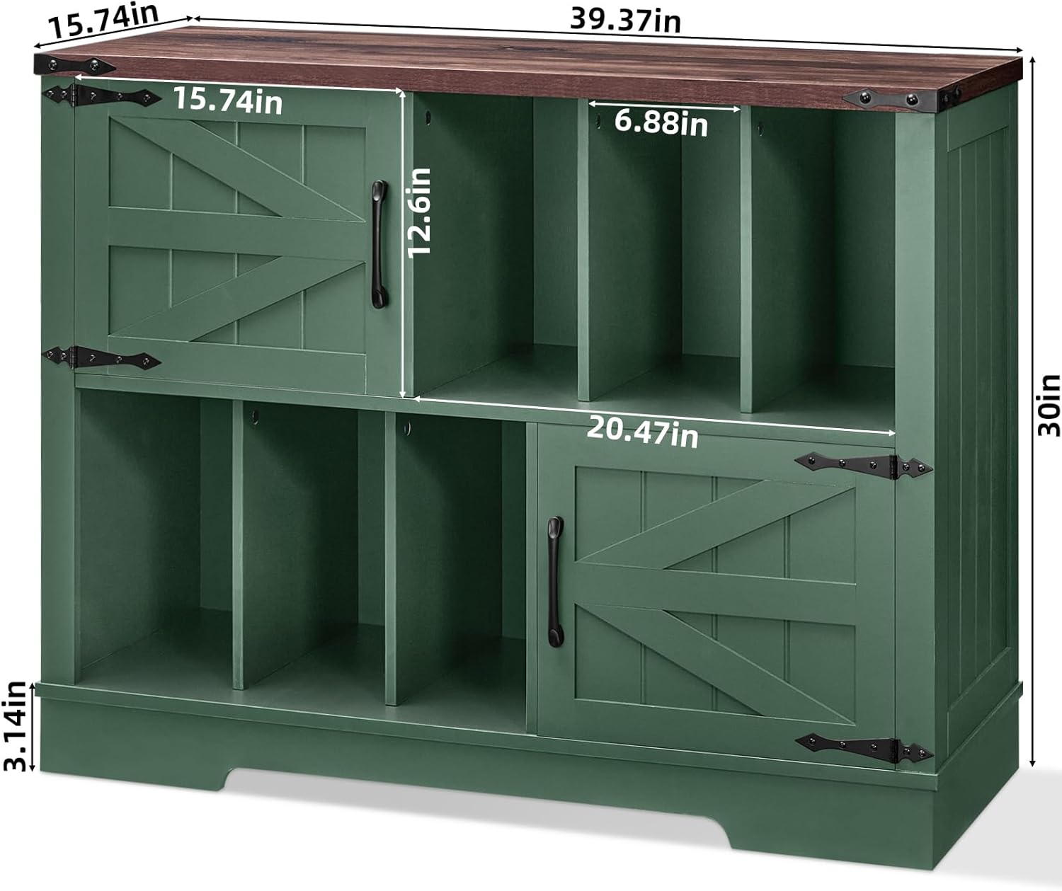 Joaxswe Large Record Player Stand with Vinyl Storage Up to 450 Albums, 39 Inch Farmhouse Wood Green Vinyl Records Storage Cabinet with Barn Doors, Mid-Century Accent Turntable Stand for Living Room