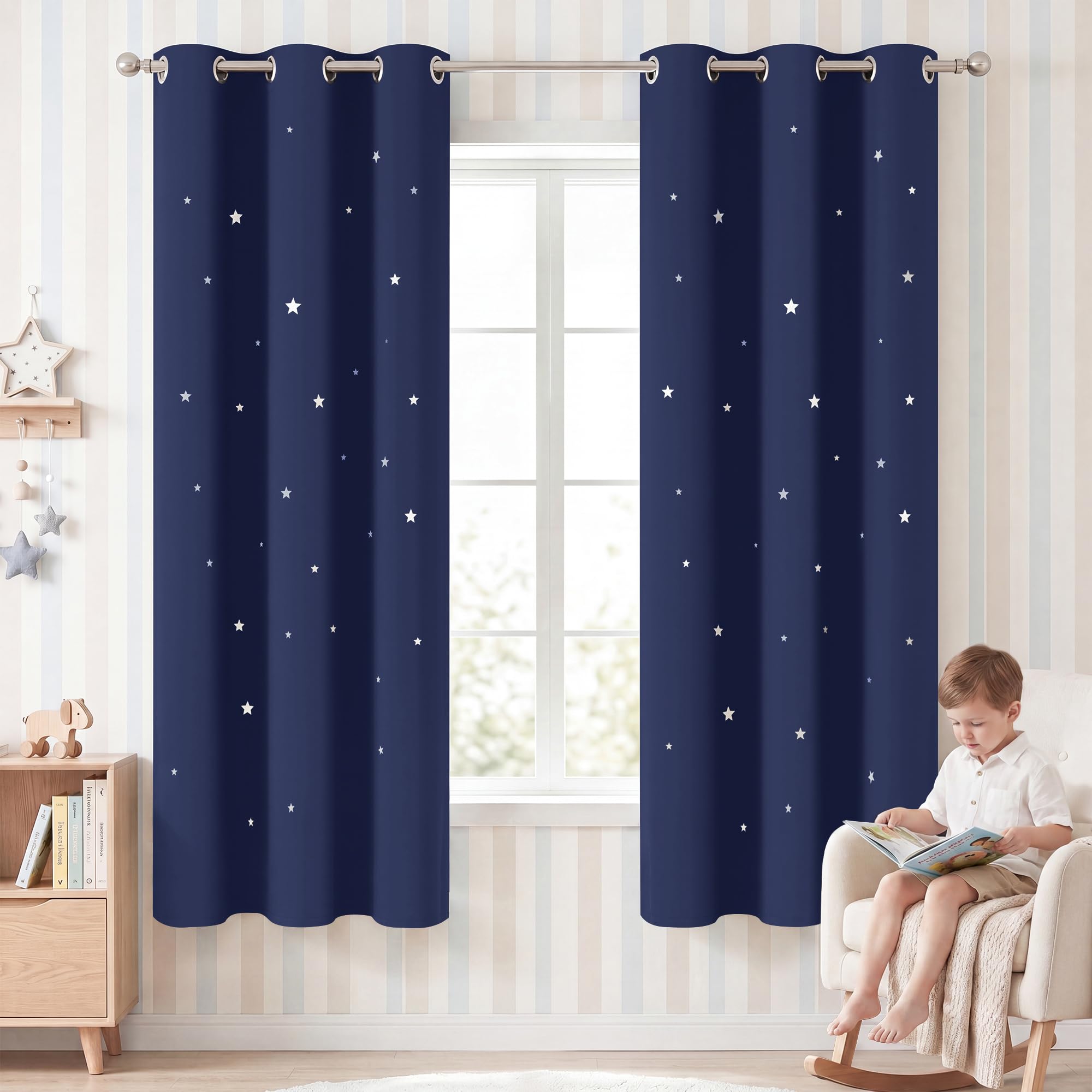NICETOWN Navy Blue Blackout Star Curtains for Kids Bedroom, 2 Panels, 42x63