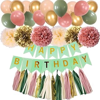 51 Pcs Sage Green Dusty Pink Gold Balloon Tissue Paper Pom Poms and Tassels Happy Birthday Banner for Women Eucalyptus Greenery Baby Shower Boho Rustic Wedding Party Decoration