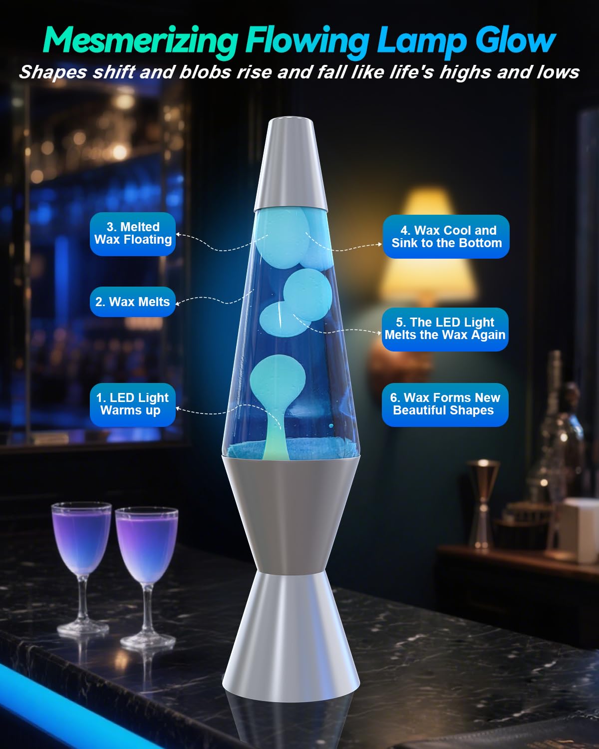 AONESY Lampada da lavaggio 37cm luce d'acqua blu bianco cera Lampada da lavaggio Bambini Luce notturna Luce colorata Regalo di Natale Compleanno