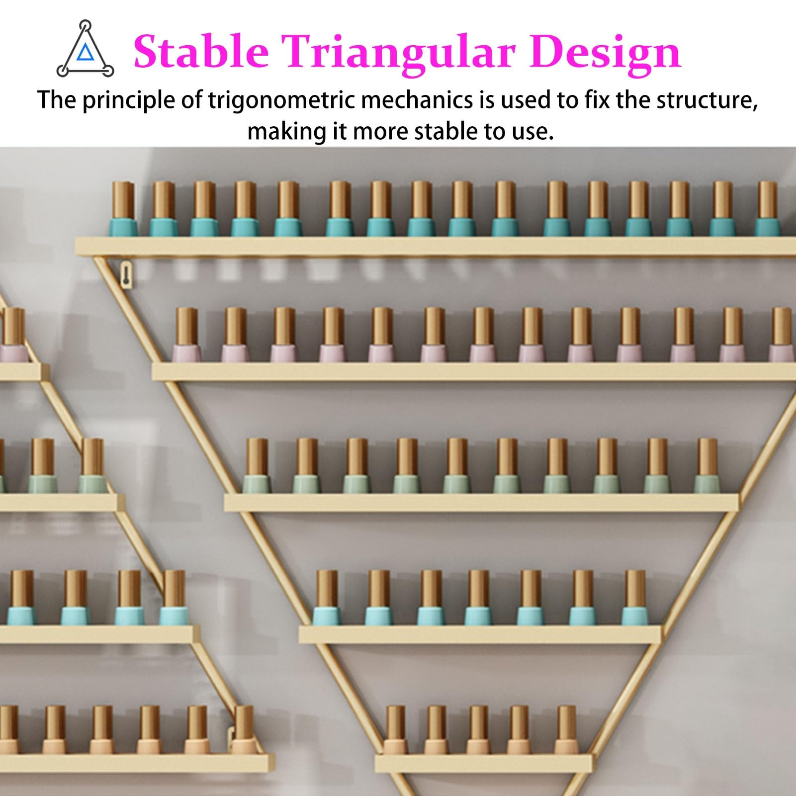 Supporto da Parete per Smalto Dorato, Organizer Triangolare in Metallo per Oli Essenziali, Porta Smalto, Versatile Porta Vernice per casa, Spa e Salone (Set a)