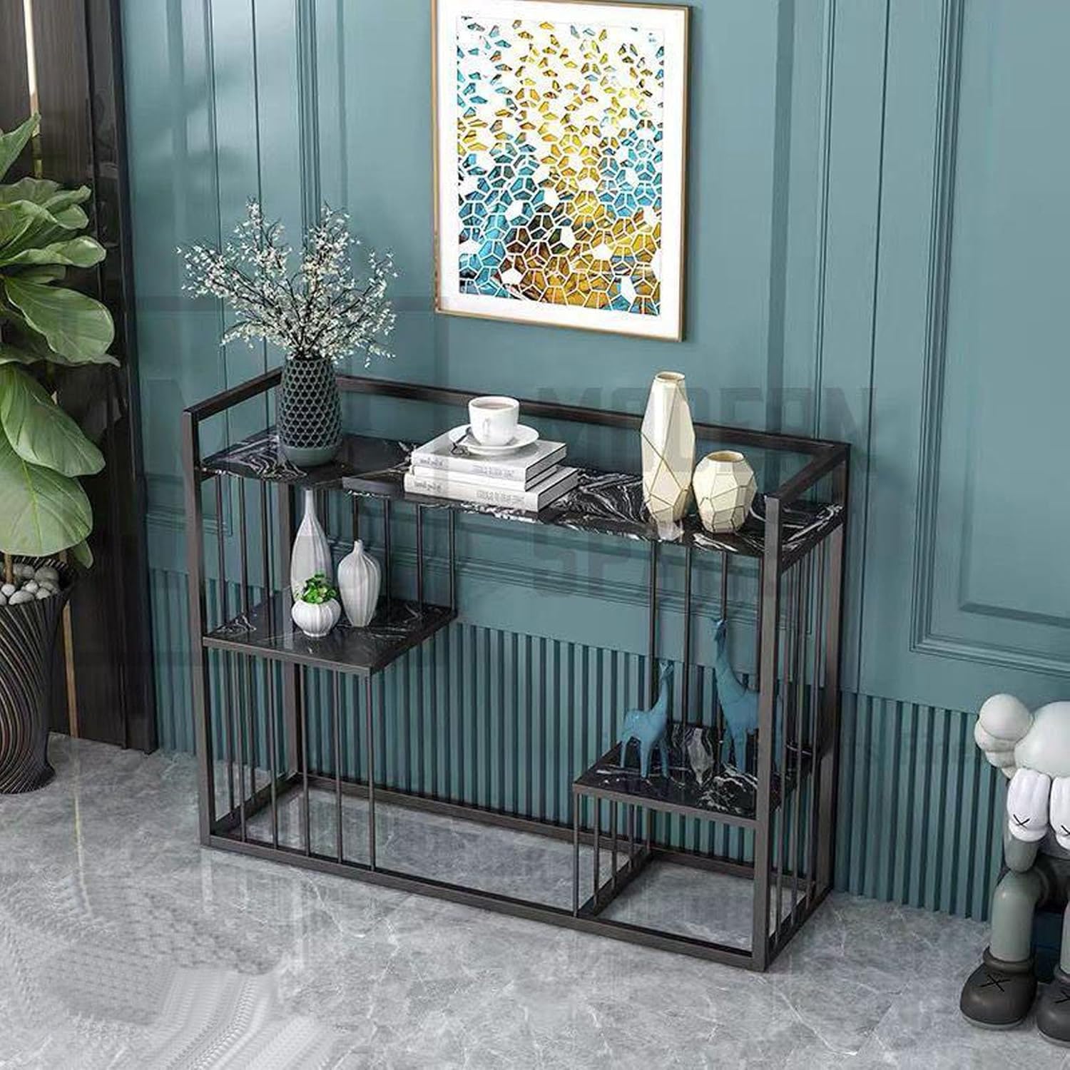 Kassar Scandinavian Modern Art Metal Rectangular Living Room Side Table, Multilayer Shelving, and Corridor Hall Console Table -Black