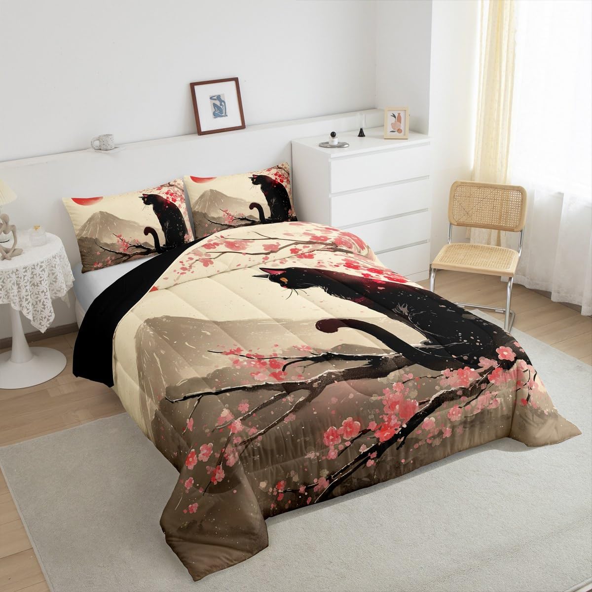 Feelyou Black Cat Comforter Set King Size Cherry Blossoms Bedding Set Kids Boys Girls Sunset Fuji Mountain Decor Comforter Japanese Style Quilt Set
