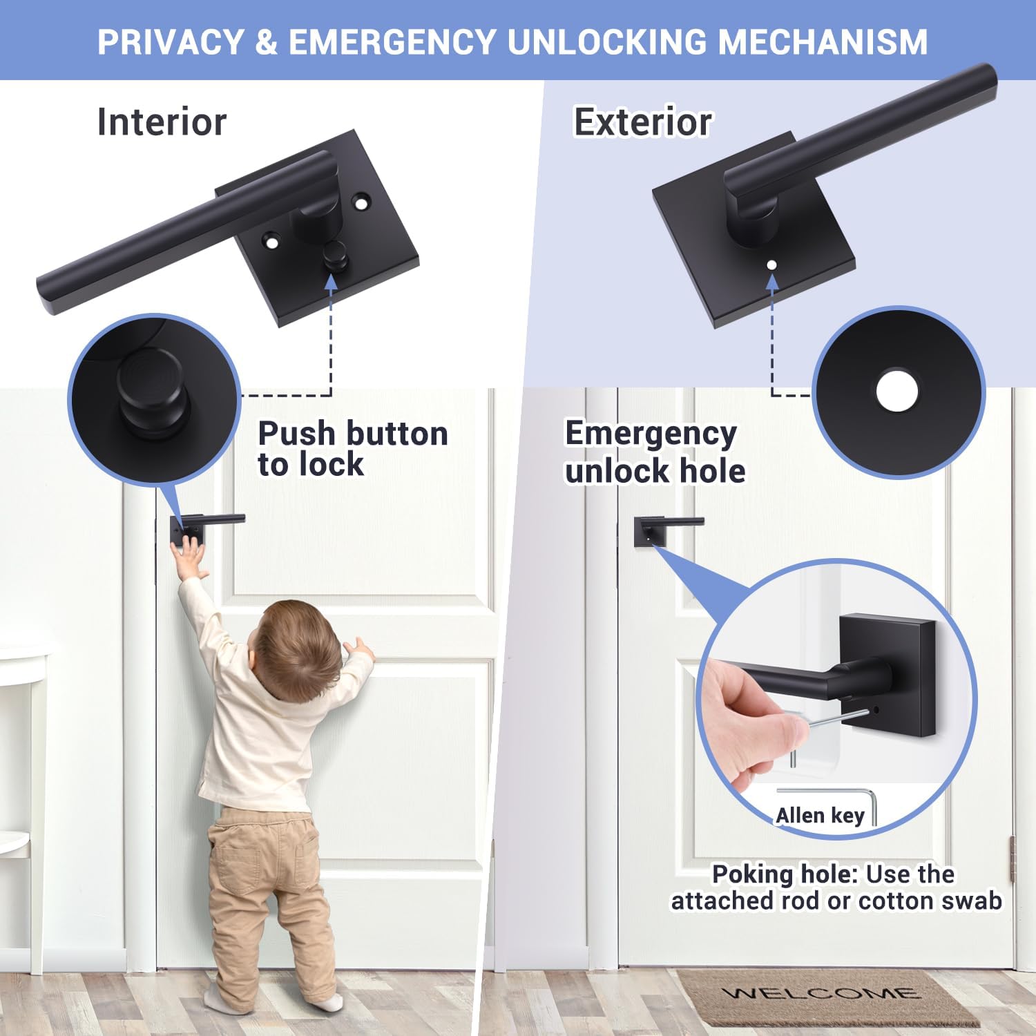 Ohuhu Black Door Knob, 2 Pack Door Knobs, Matte Black Door Handle, Bedroom Door Lock, Interior Door Knobs Door Lever with Modern Contemporary Slim Square Design for Bathroom Privacy in Satin Zinc